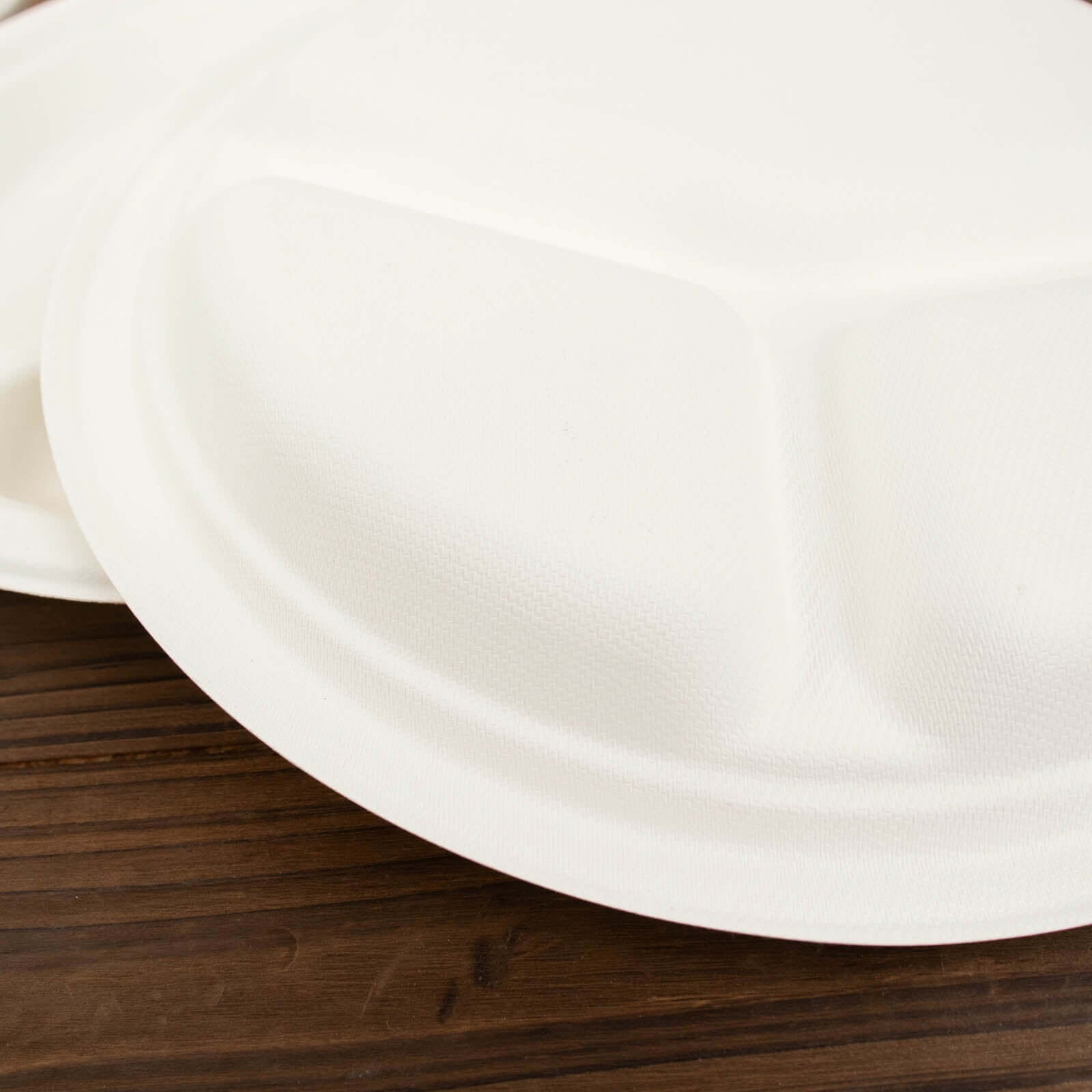 50-Pack Bagasse 10 Round Dinner Plates in White with 3-Compartments - Eco Friendly Biodegradable Sugarcane Divided Plates for Food Trucks Catering & Events