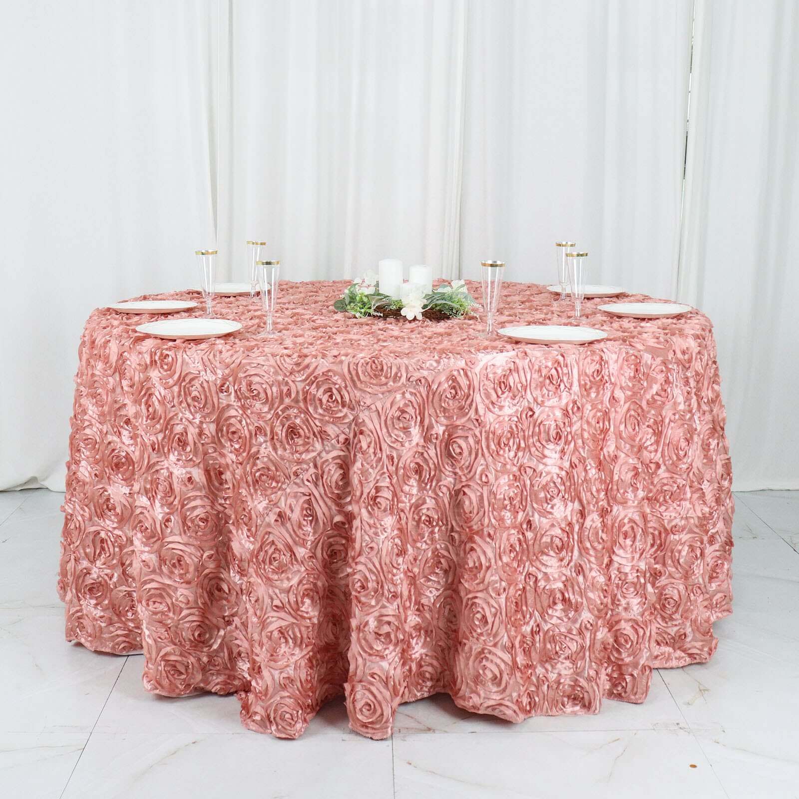 Satin 120 Round Tablecloth Dusty Rose - Grandiose 3D Rosette with Seamless Finish Table Cover