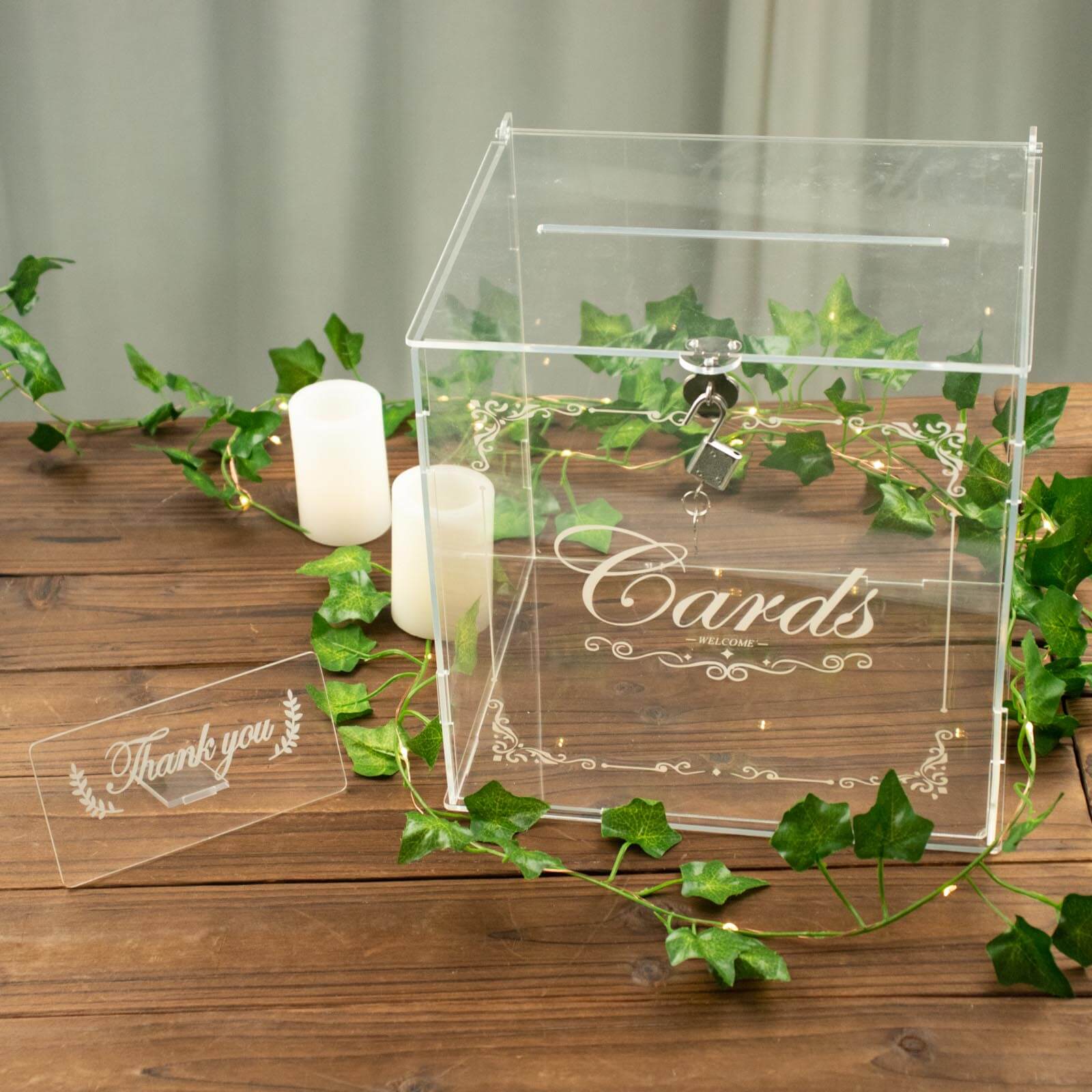 Clear Acrylic Wedding Card Box With Lock, Key & Thank You Sign Stand, Reception Party Money Gift Card Box