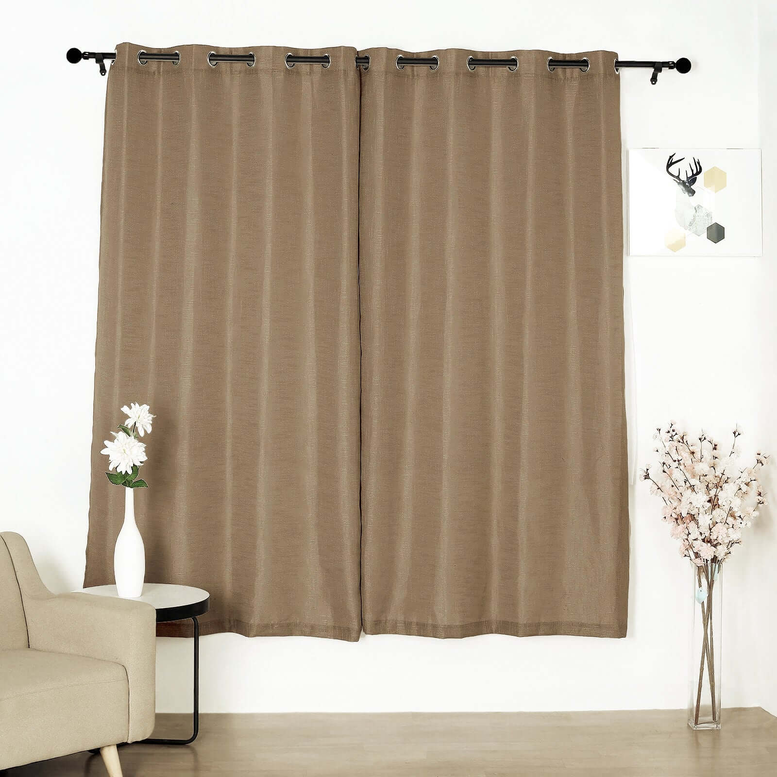 2 Pack Handmade Taupe Faux Linen Curtains 52x84, Curtain Panels With Chrome Grommets