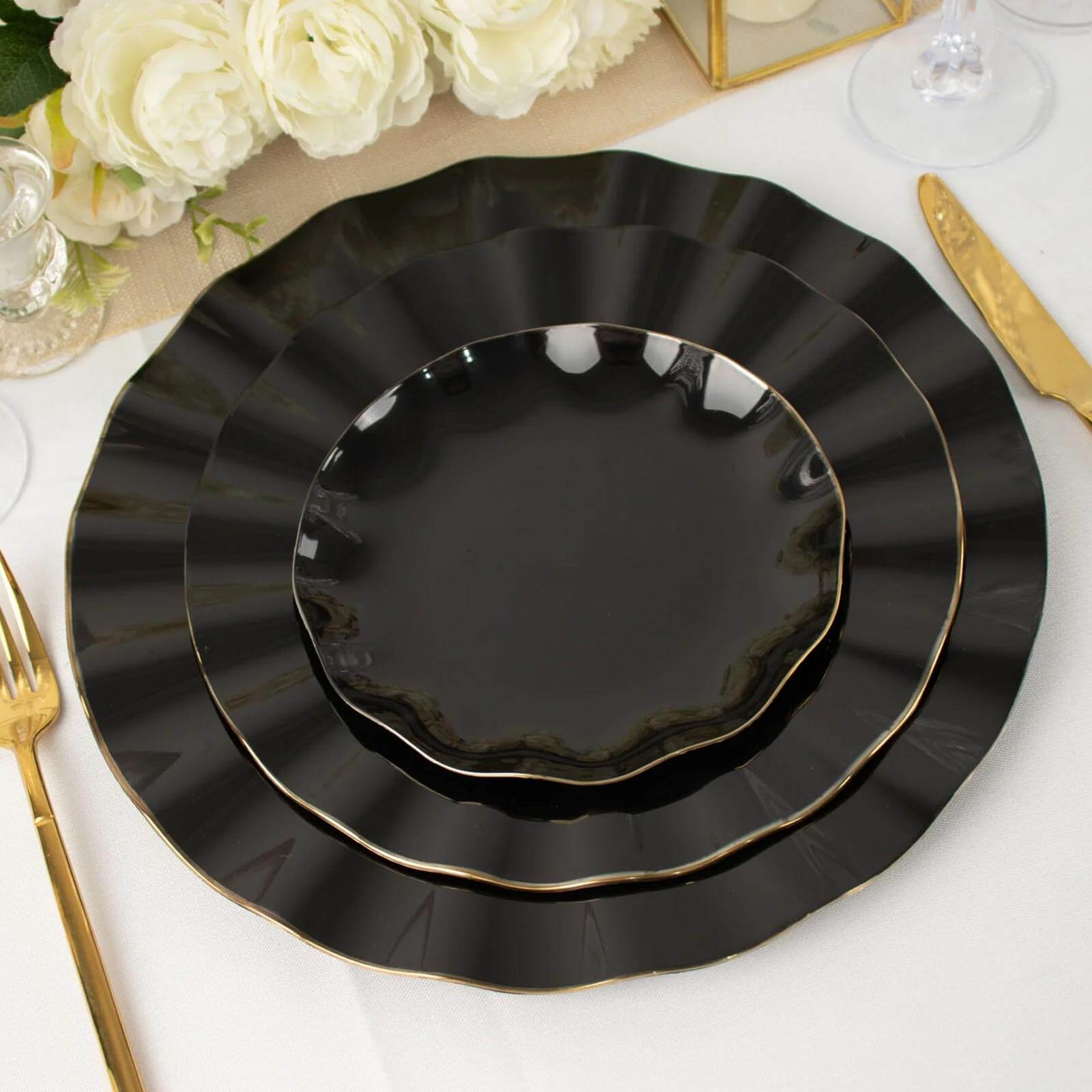 10-Pack Plastic Round 6 Dessert Plates in Black Ruffled Rim with Gold Edging - Sturdy Disposable Salad Appetizer Dinnerware