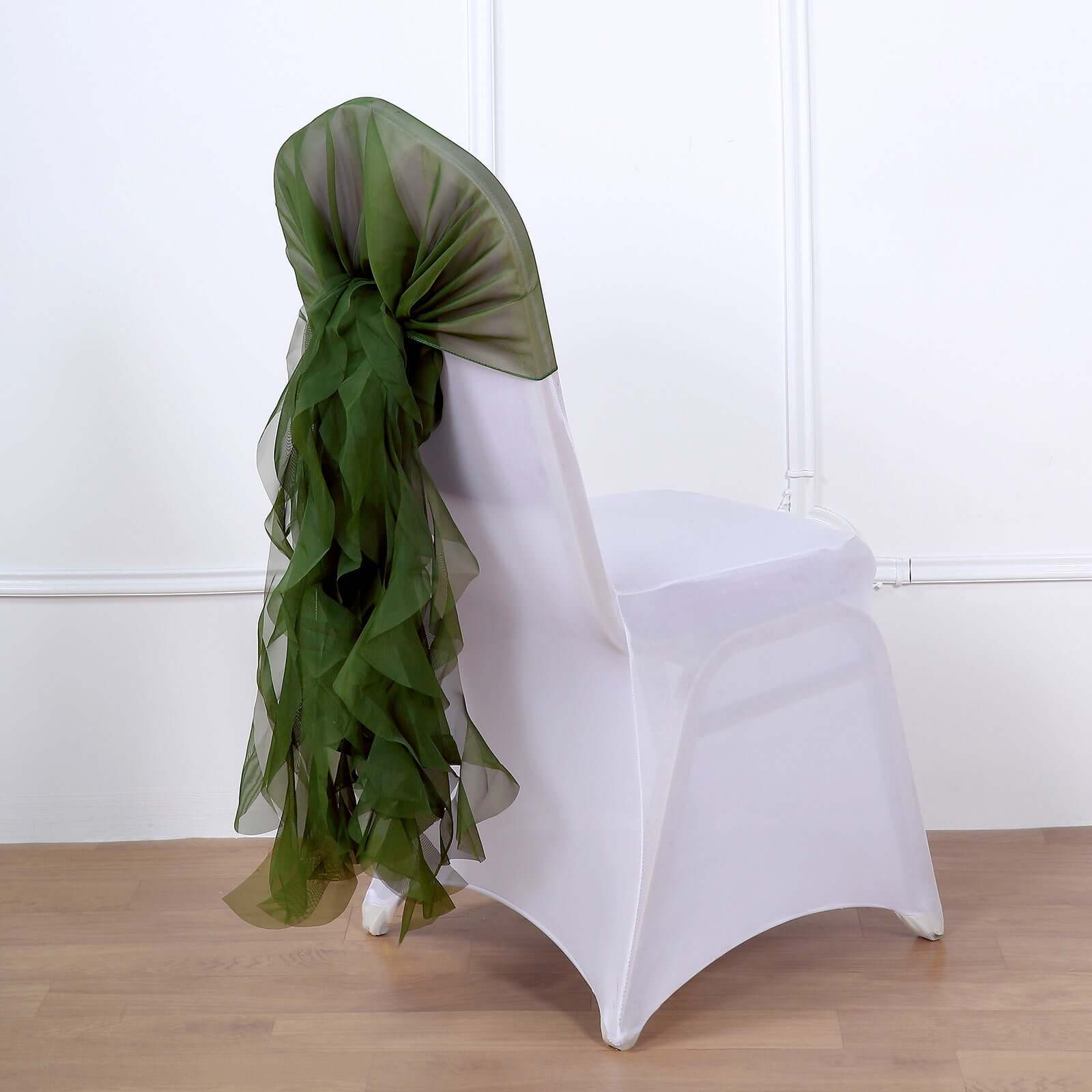 1 Set Chiffon Hoods Chair Sashes with Willow Ruffles Design Olive Green - Stylish Chair Bow Decor