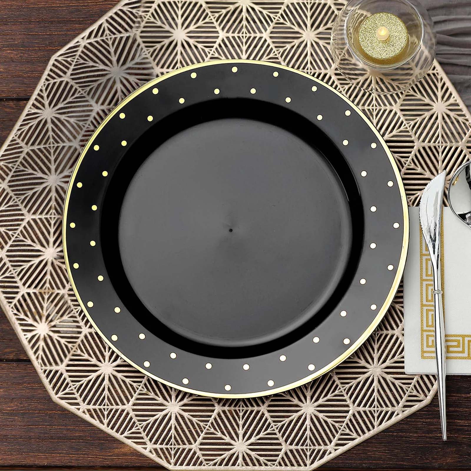 10 Pack 10 Black With Gold Dot Rim Plastic Dinner Plates, Round Disposable Tableware Plates