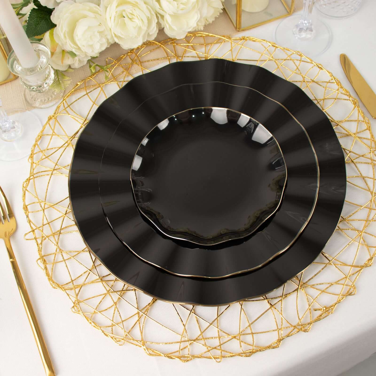 10-Pack Plastic Round 6 Dessert Plates in Black Ruffled Rim with Gold Edging - Sturdy Disposable Salad Appetizer Dinnerware