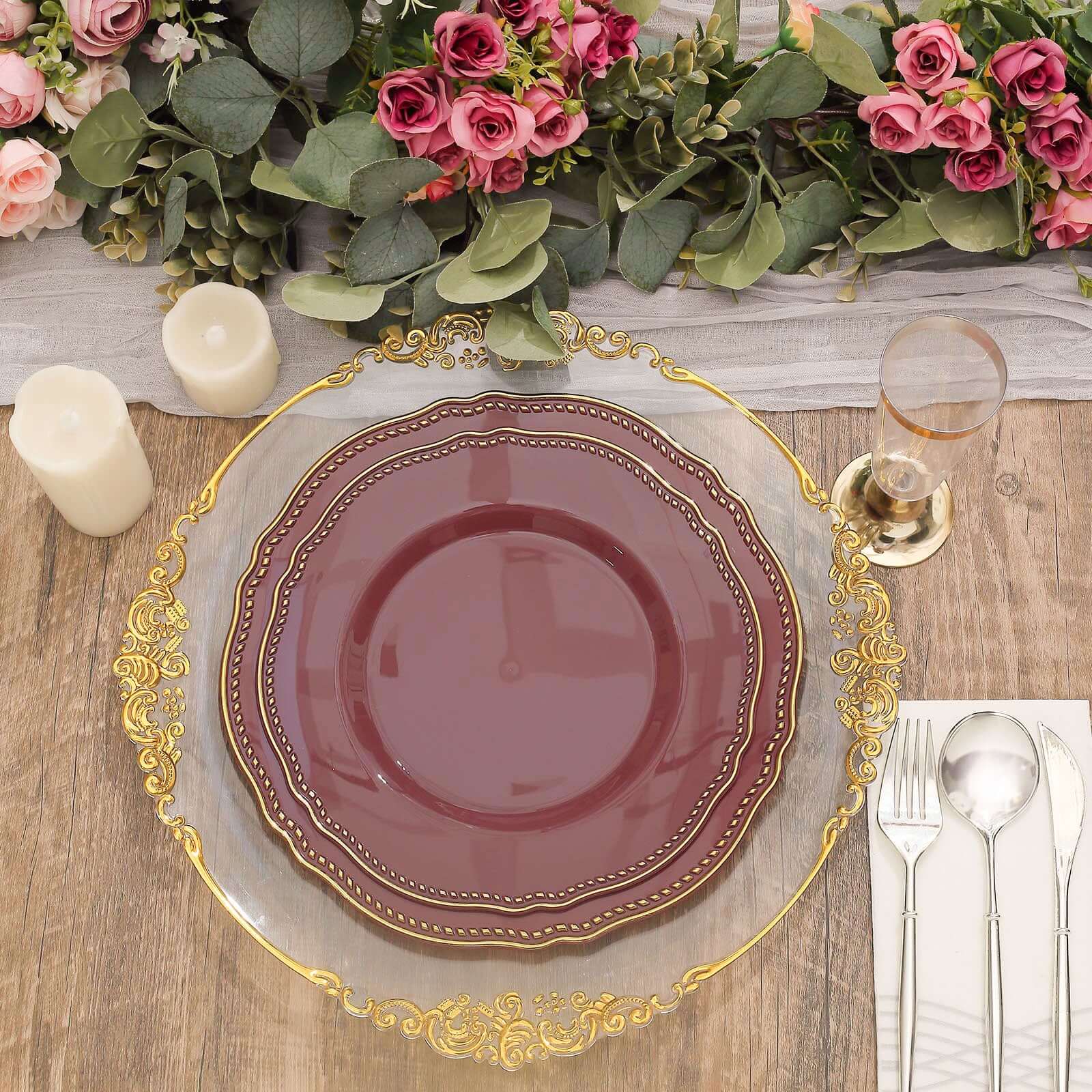 10-Pack Plastic 10 Dinner Plates in Cinnamon Rose with Gold Scalloped Rim - Disposable Large Party Plates