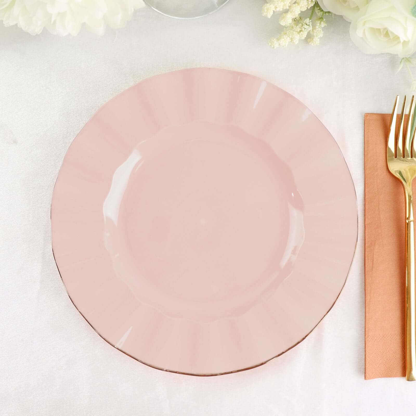 10-Pack Plastic 9 Round Dinner Plates in Blush Ruffled Rim with Gold Edging - Sturdy Disposable Dinnerware