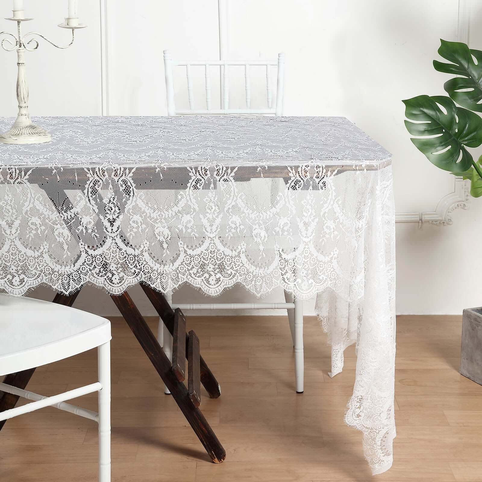 Lace 60x120 Rectangle Tablecloth White - Vintage Lace Design with Scalloped Frill Edges for Refined Occasions