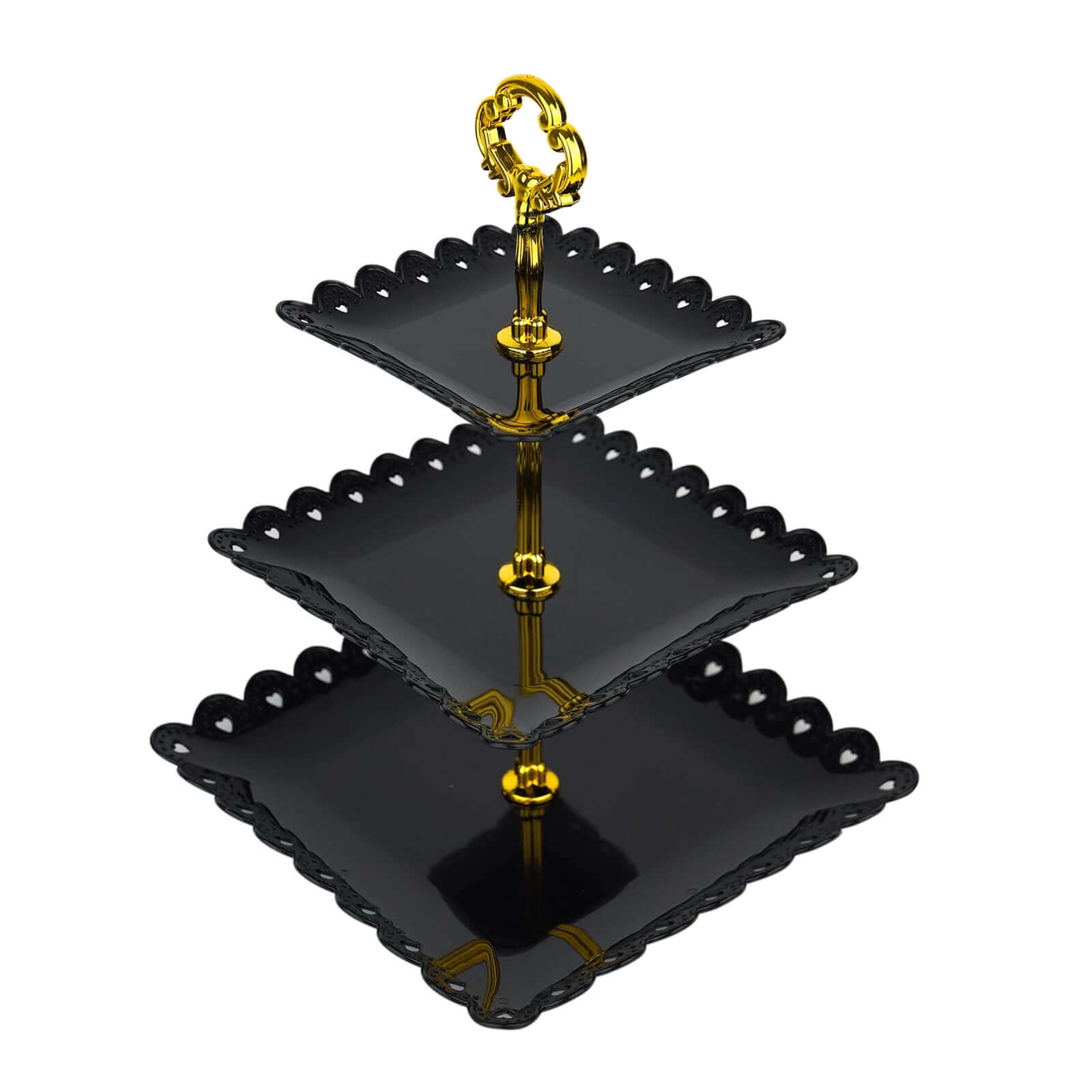 3-Tier Plastic Square Cupcake Stand Tower Black - Charming Disposable Dessert Display Serving Tray Platter with Heart Wavy Edge & Gold Top Handle for Tea Parties Weddings & Special Occasions 13