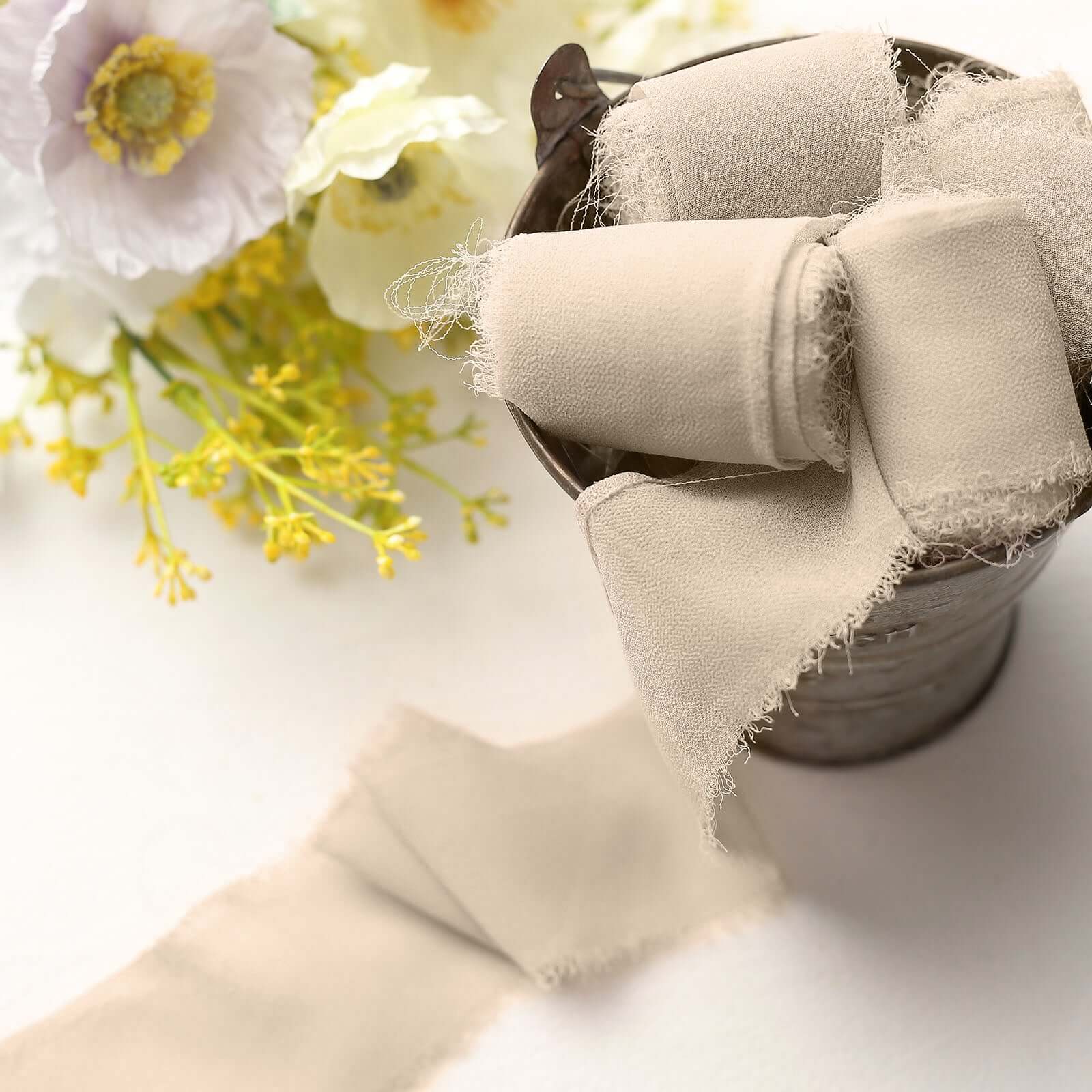 2 Pack 6yds Nude Silk-Like Chiffon Ribbon Roll, DIY Wedding Bouquet Linen Wrap