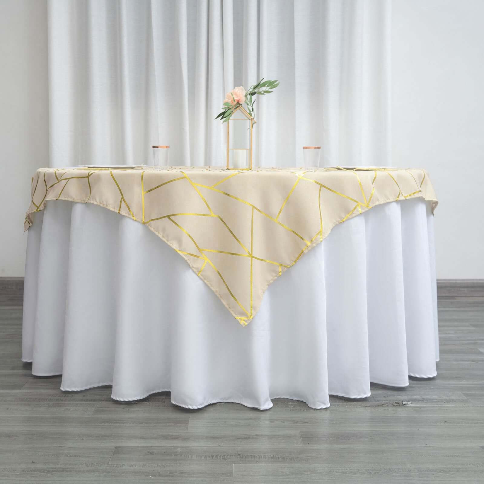 Polyester 54x54 Table Overlay Square Tablecloth Beige with Gold Foil Geometric Pattern - Wrinkle-Resistant & Durable Table Topper