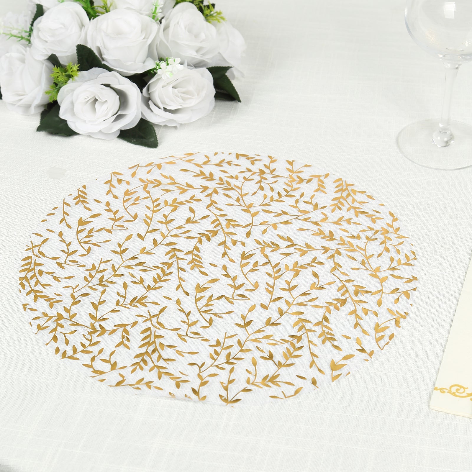 10-Pack Table Placemats Gold Foil Leaf Vine Design White Round - Organza Disposable Floral Mats 13