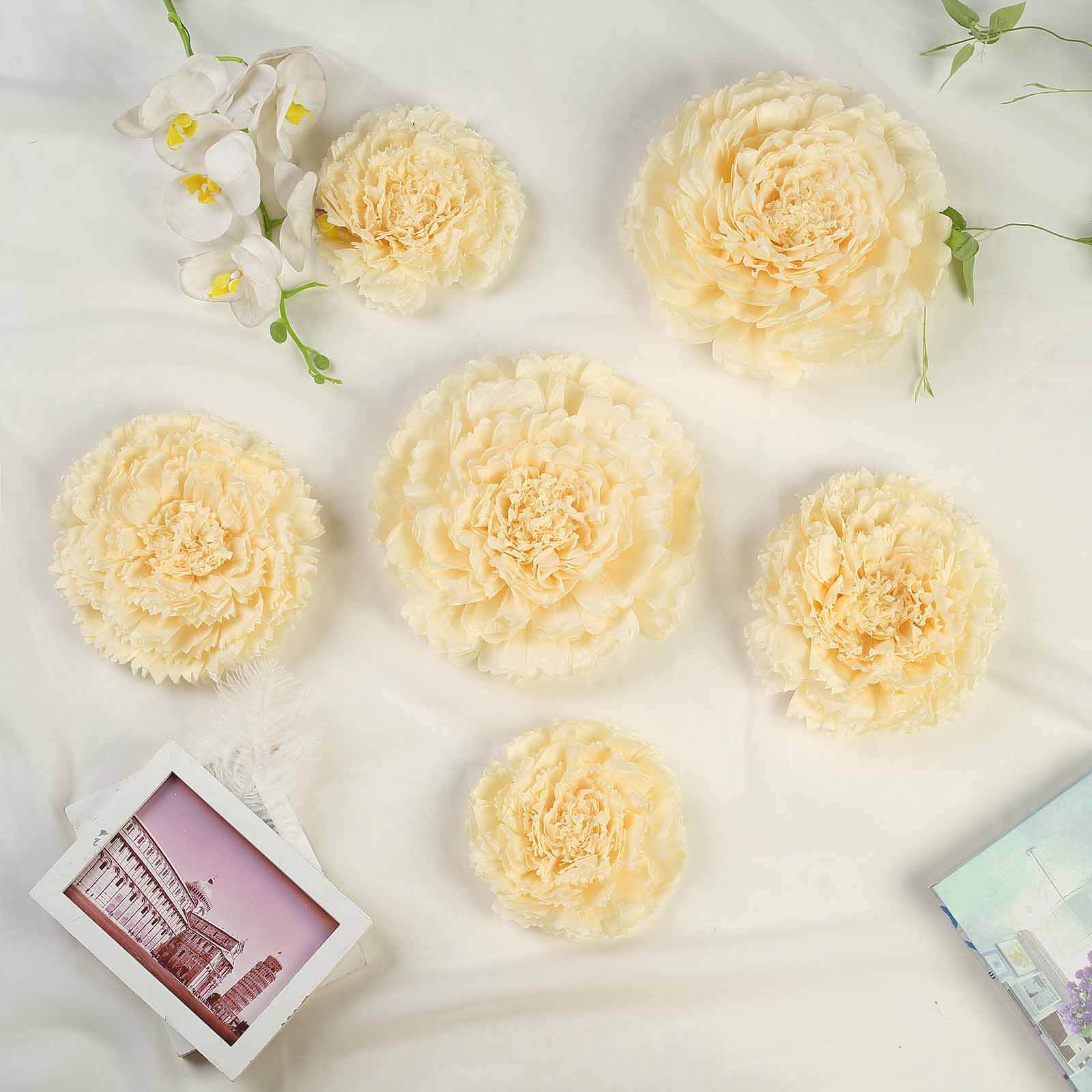 Set of 6 Ivory Cream Carnation 3D Paper Flowers Wall Decor - 7,9,11