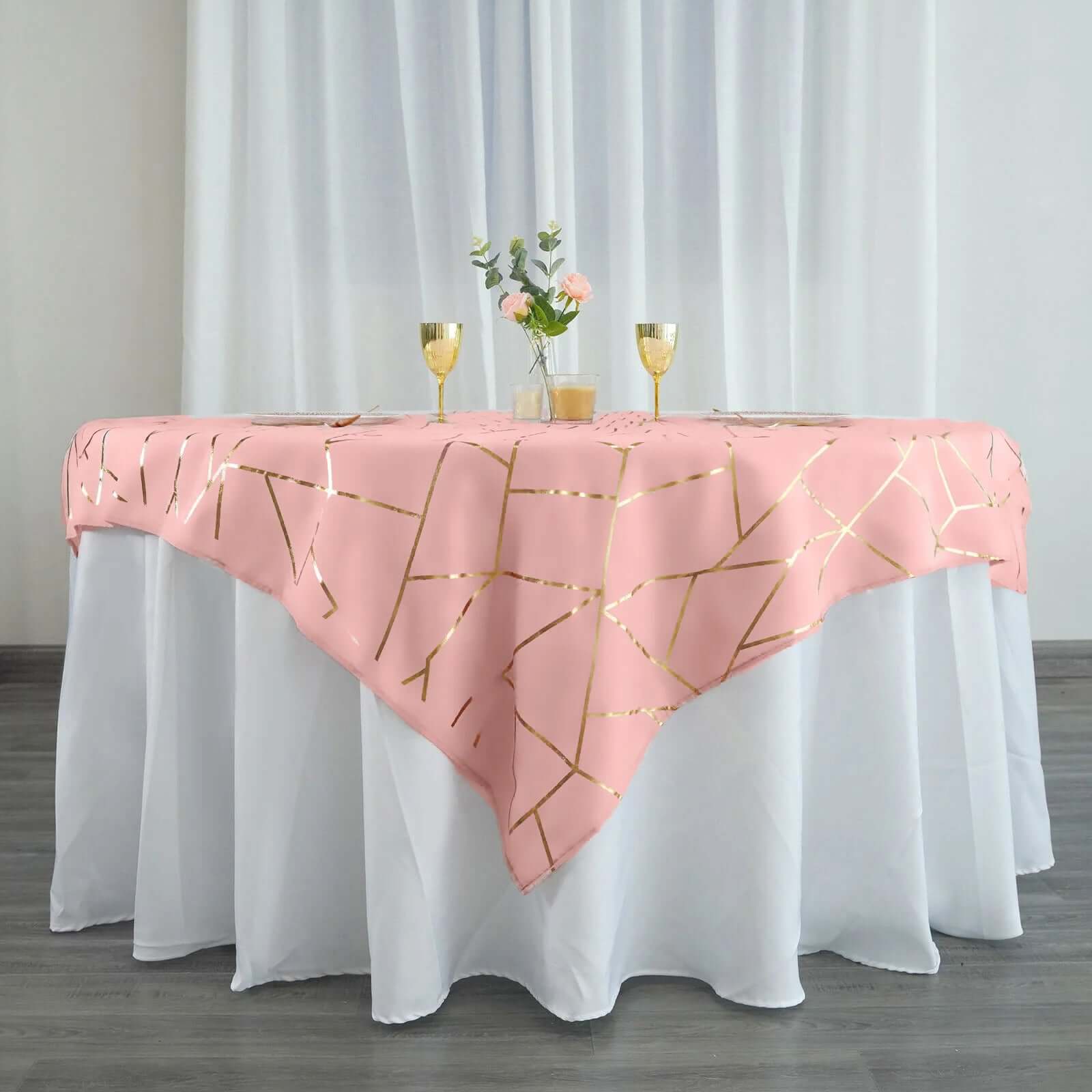 Polyester 54x54 Table Overlay Square Tablecloth Dusty Rose with Gold Foil Geometric Pattern - Wrinkle-Resistant & Durable Table Topper