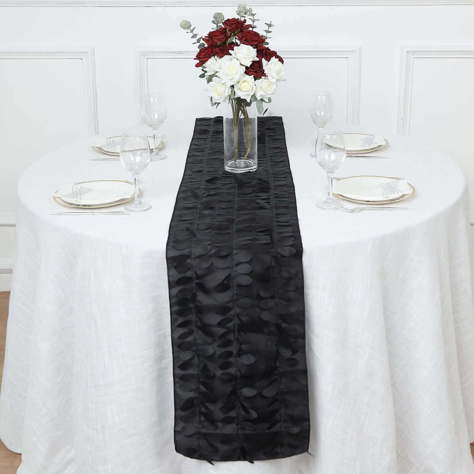 Taffeta Fabric 12x108 Table Runner Black - 3D Leaf Petal Design