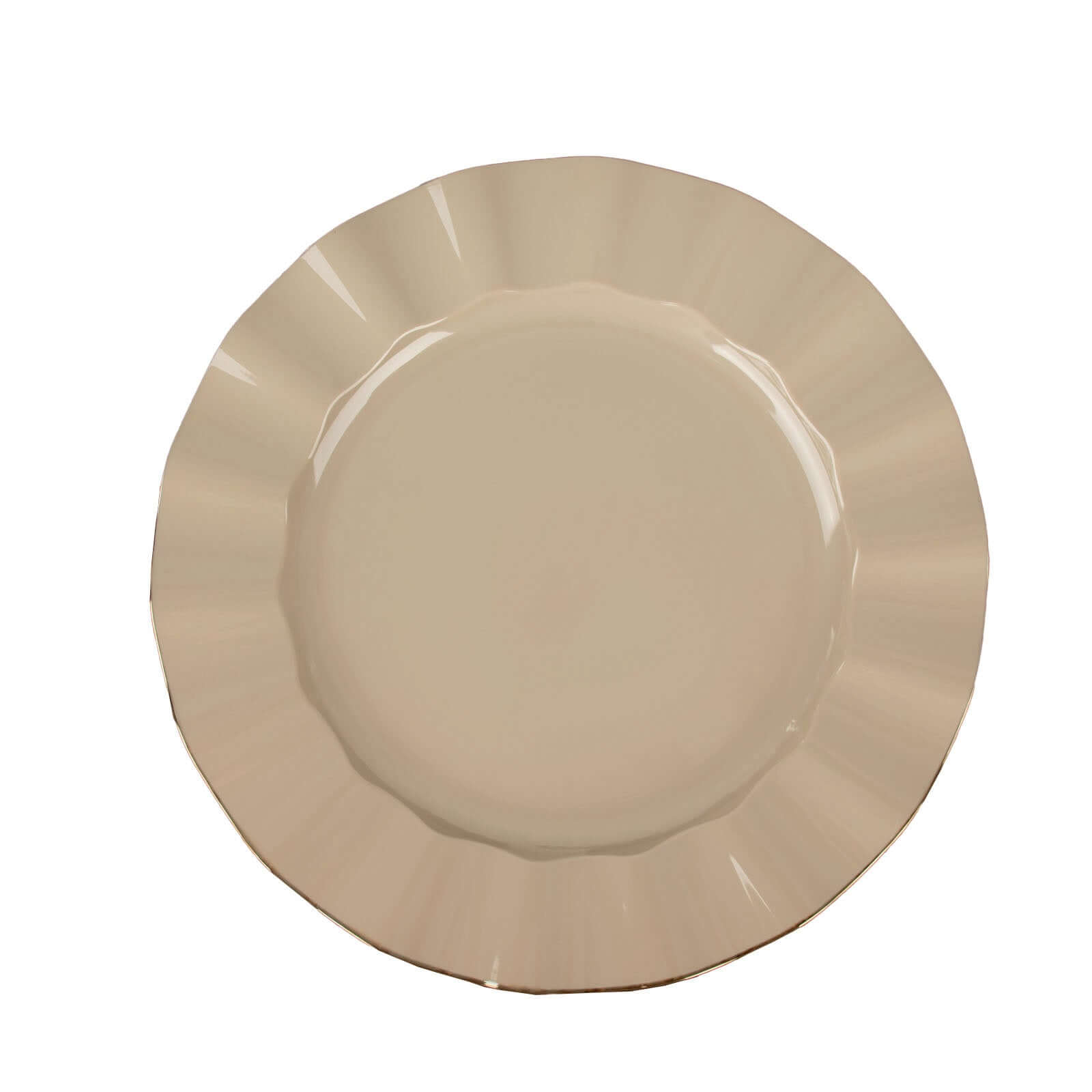 10-Pack Plastic 9 Round Dinner Plates in Taupe Ruffled Rim with Gold Edging - Sturdy Disposable Dinnerware