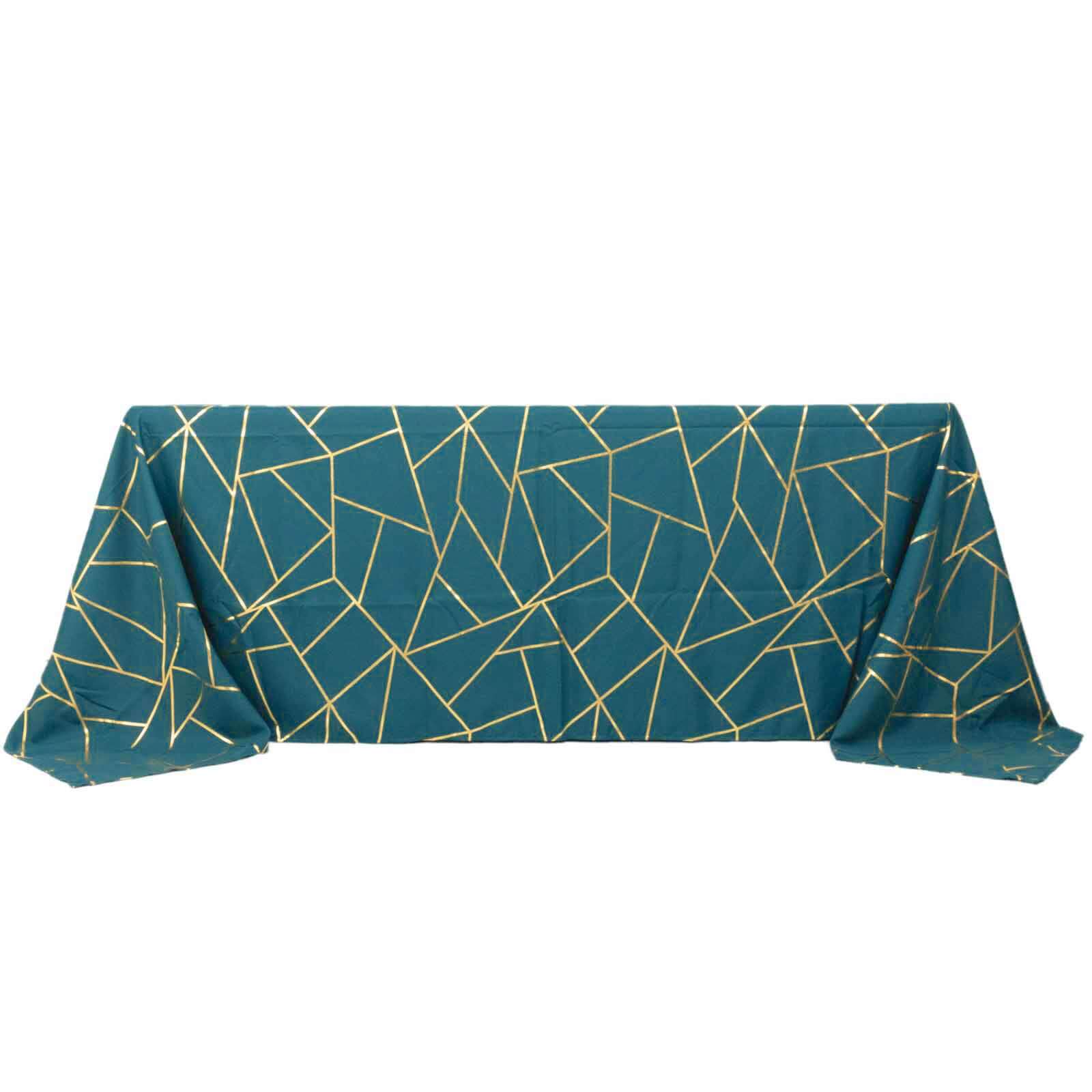 90x132 Peacock Teal Seamless Rectangle Polyester Tablecloth With Gold Foil Geometric Pattern for 6 Foot Table With Floor-Length Drop