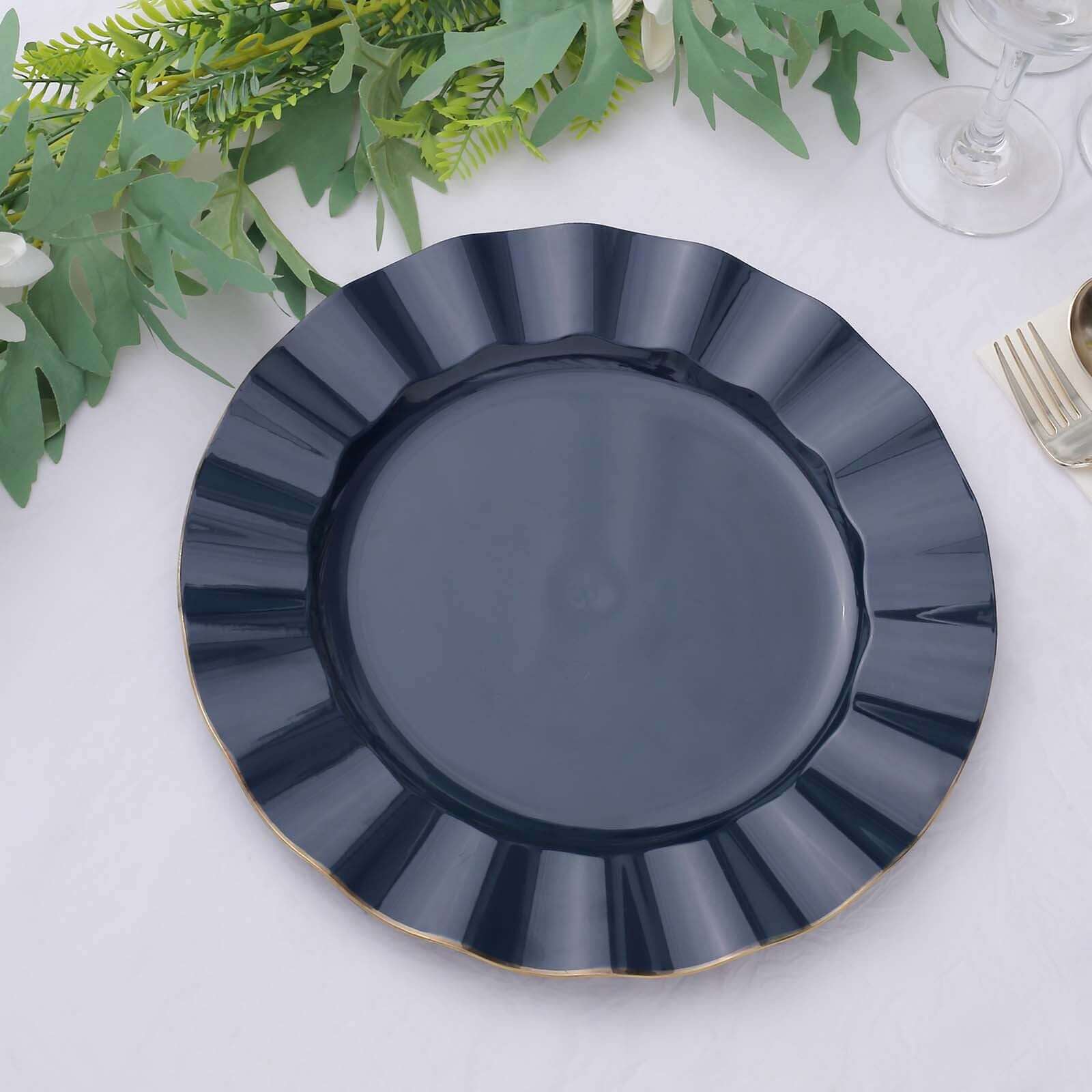 10-Pack Plastic 11 Round Dinner Plates in Navy Blue Ruffled Rim with Gold Edging - Sturdy Disposable Dinnerware