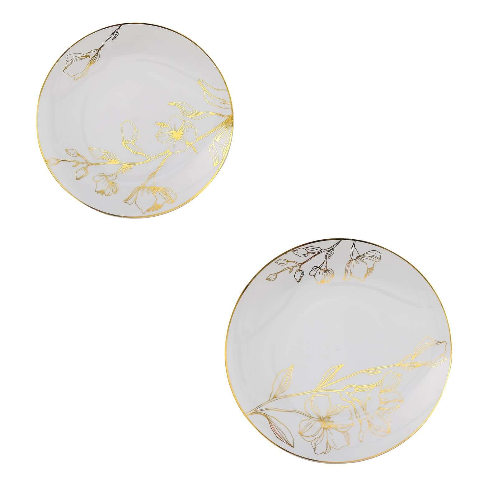 Set of 20 Plastic Round Dinner and Dessert Plates in White with Metallic Gold Floral Design - Stylish Disposable Dinnerware for Banquets & Special Occasions 8, 10