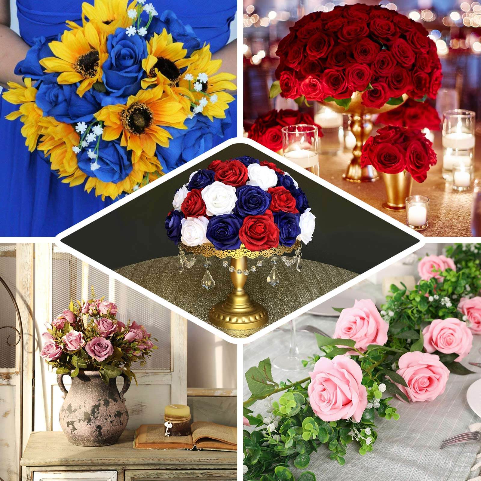 2 Bushes 17 Royal Blue Premium Silk Jumbo Rose Flower Bouquet, High Quality Artificial Wedding Floral Arrangements