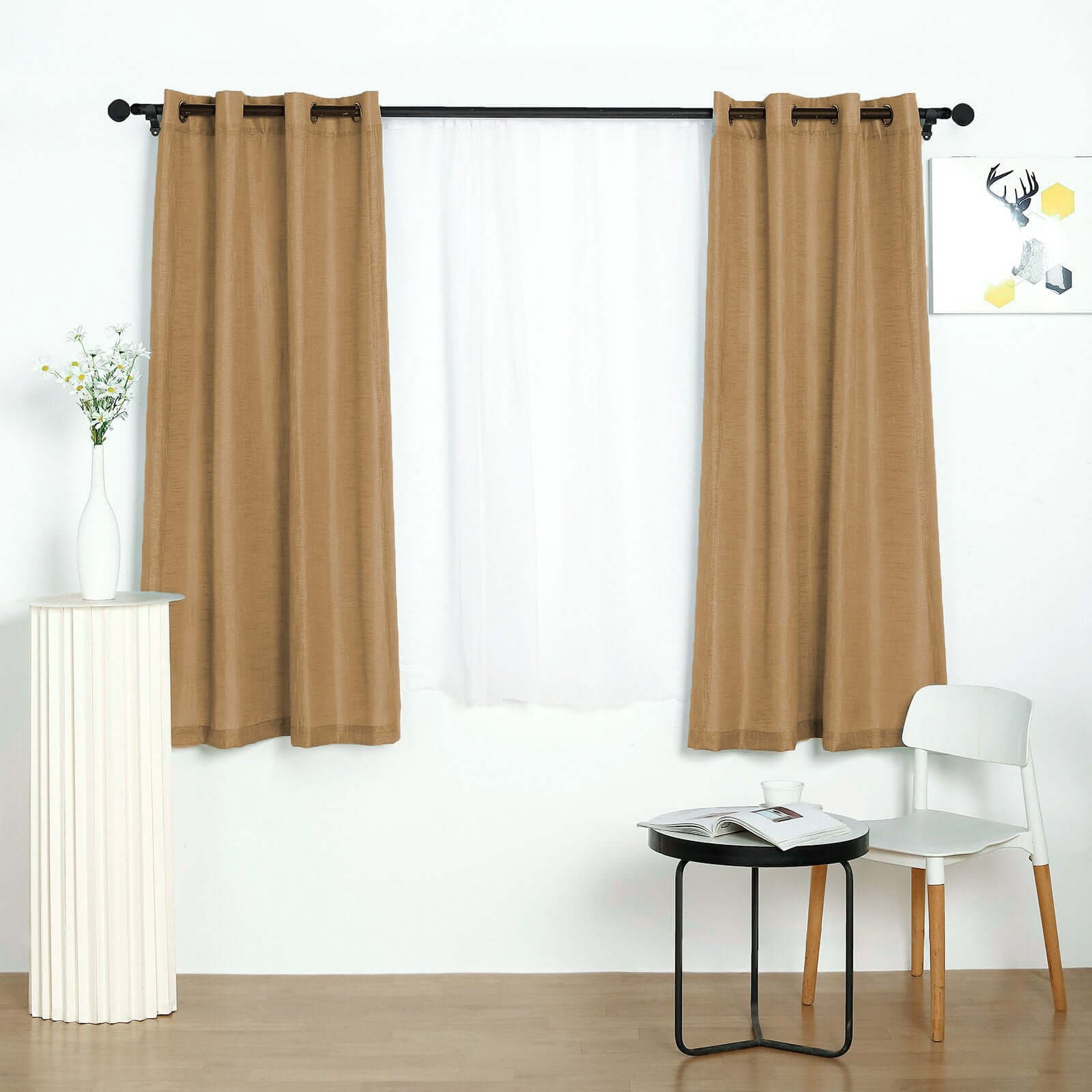 2 Pack Handmade Natural Faux Linen Curtains 52x64, Curtain Panels With Chrome Grommets