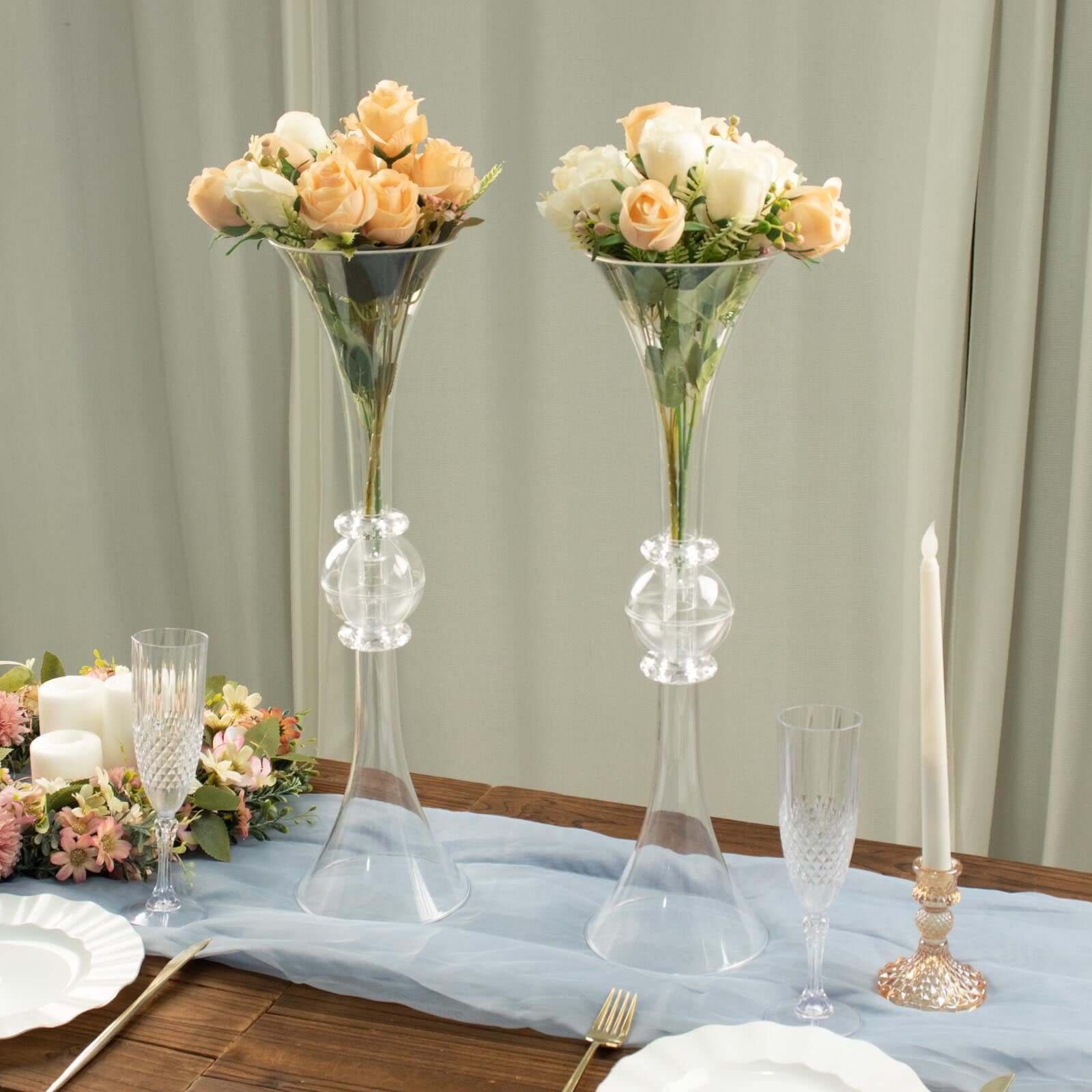 2-Pack Flower Vases Trumpet Design with Crystal Embellishments Clear - Reversible Plastic Table Centerpieces 21