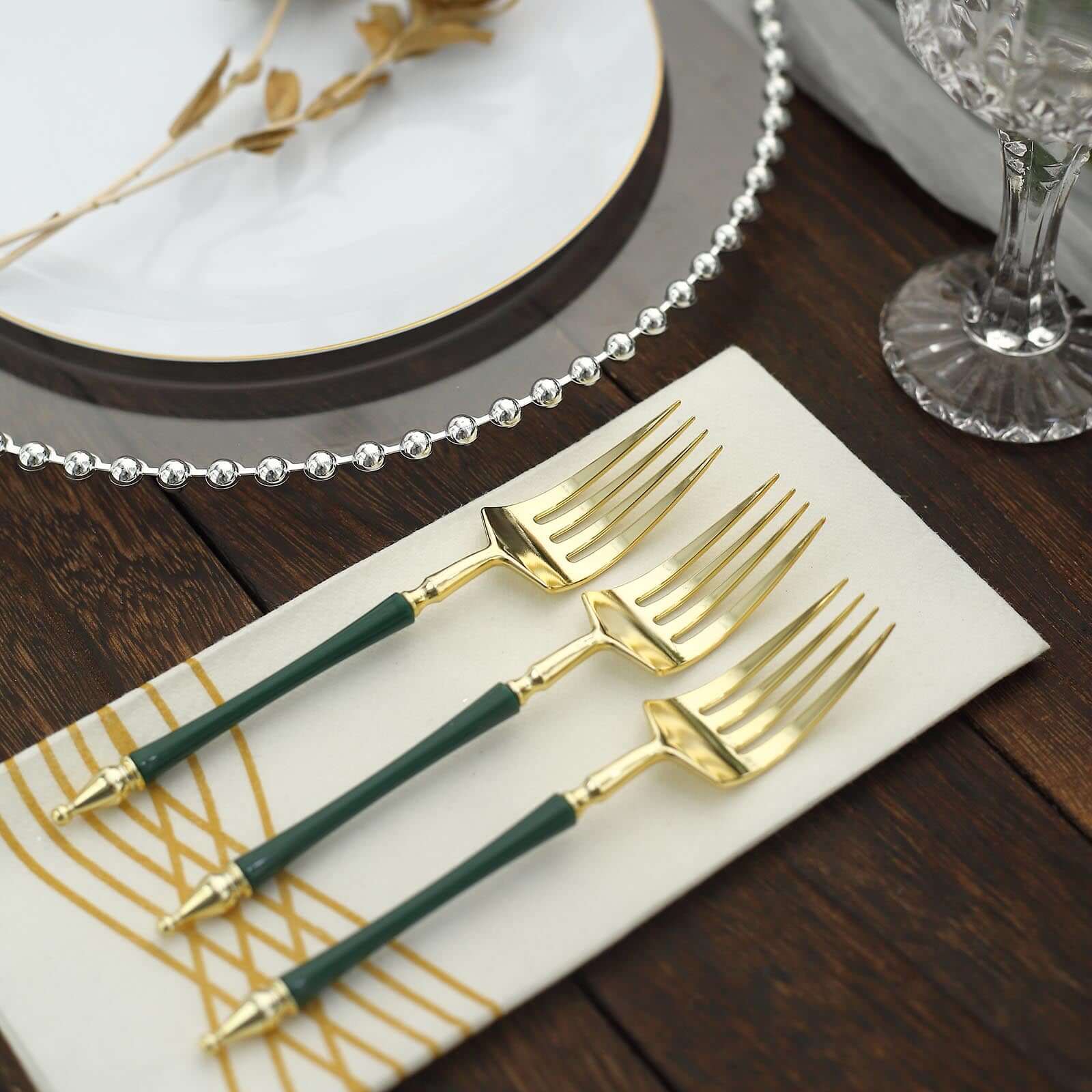 24 Pack 6 Gold Hunter Emerald Green Plastic Dessert Forks With Roman Column Handle, European Style Disposable Utensils