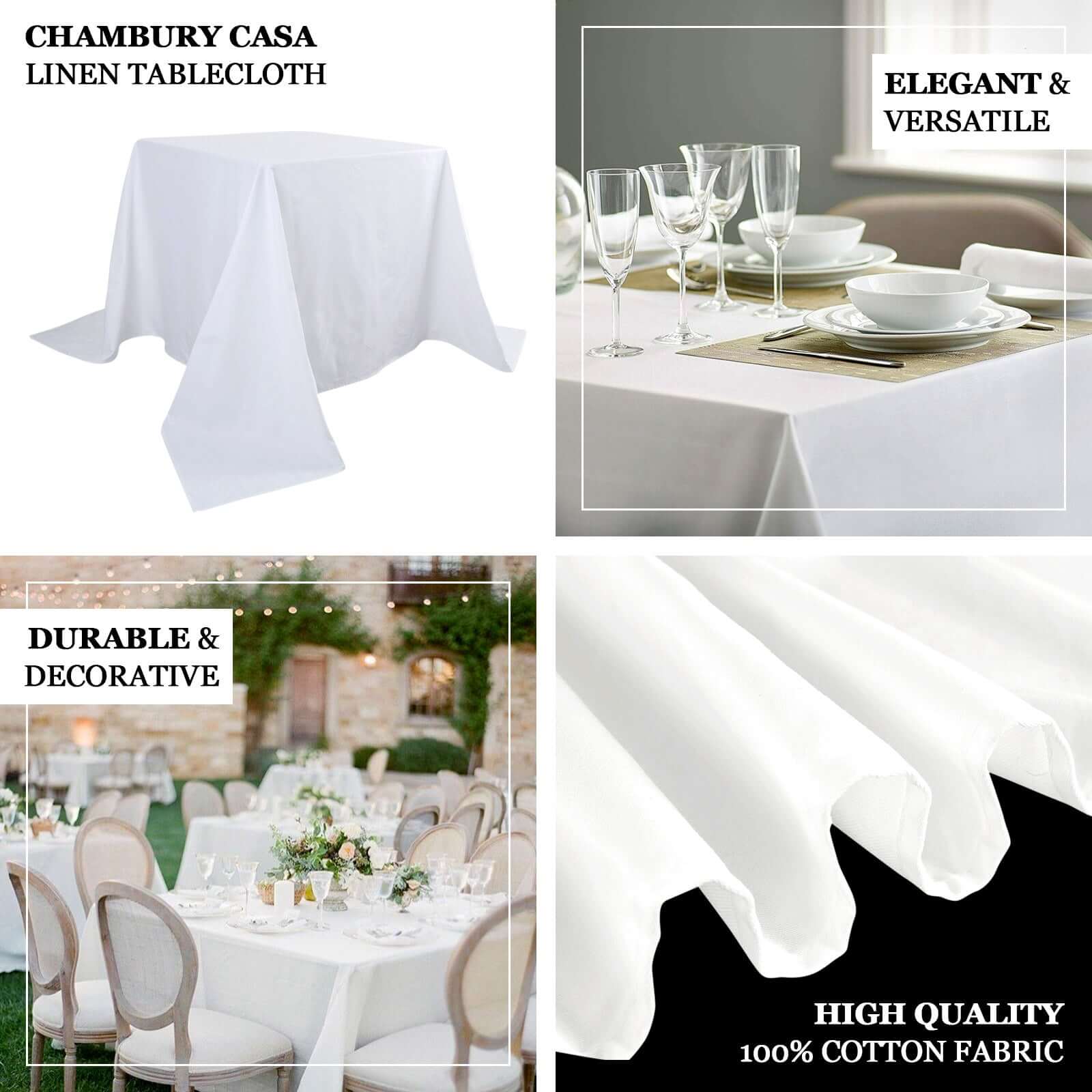 100% Cotton 90x90 Square Tablecloth White Linen - Sophisticated, Soft & Breathable Fabric Table Cover