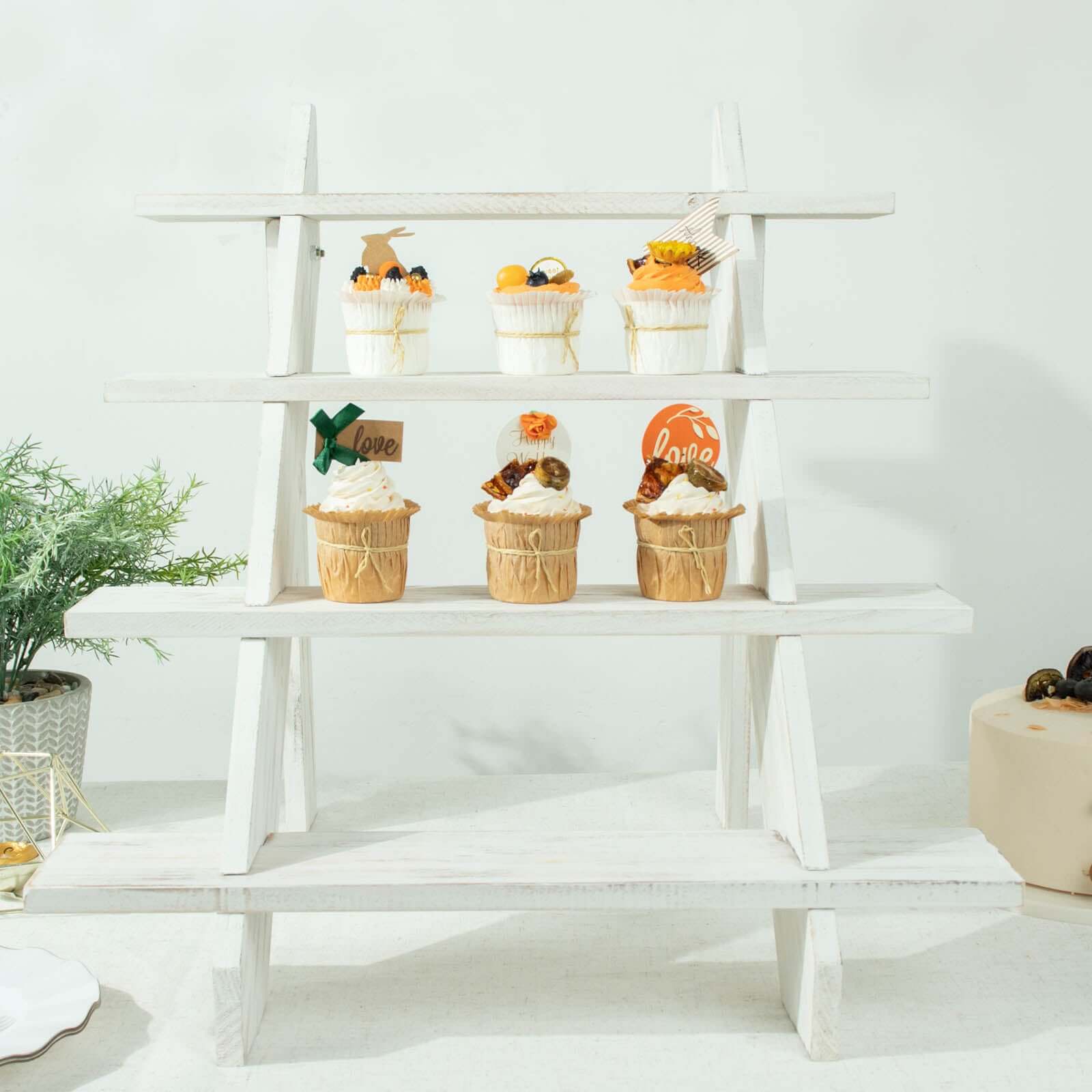 4-Tier Wooden Ladder Shelf Whitewashed Rustic Design - Cascading Stair Step Dessert Display Cupcake Holder 21