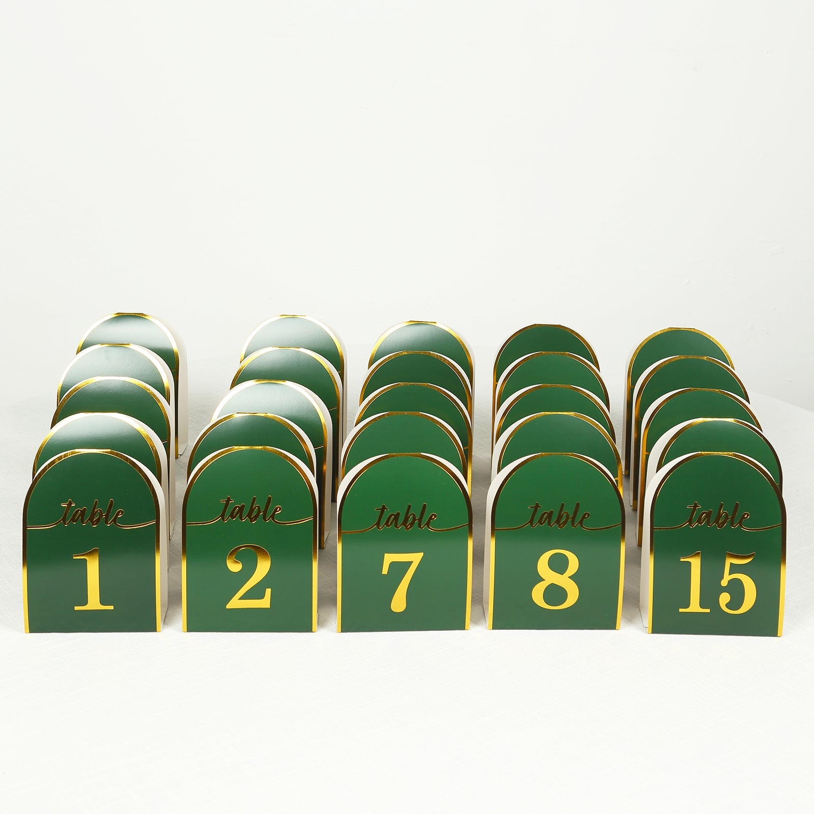 25-Pack Paper Wedding Table Numbers 1-25 Hunter Emerald Green Arch Cutout Design - Sleek & Modern Free Standing Double Sided Table Tent Cards with Metallic Gold Foil Numbers 7