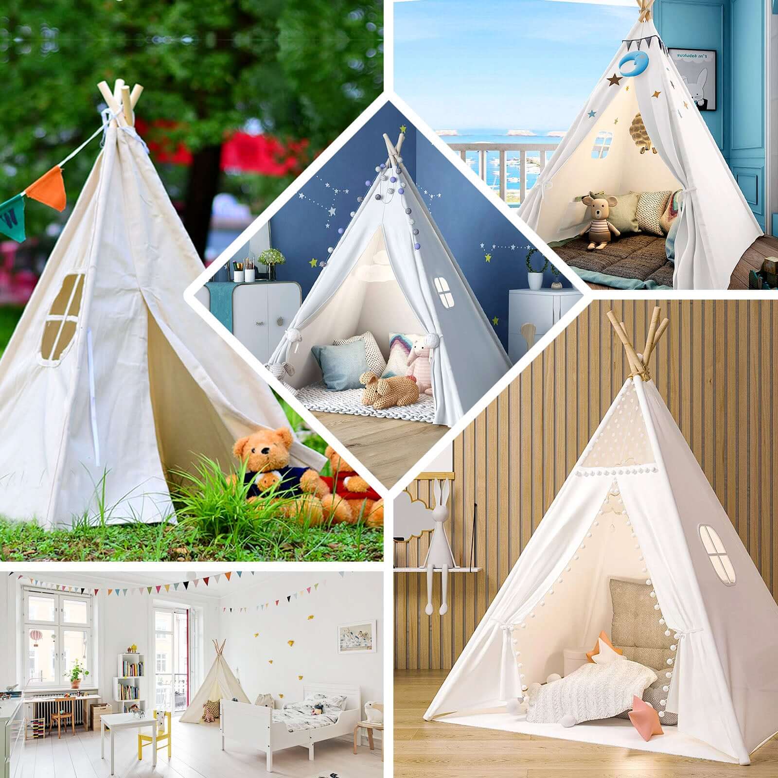 5ft Kids Linen Teepee Play Tent, Toddler Indoor Outdoor Playhouse With Window