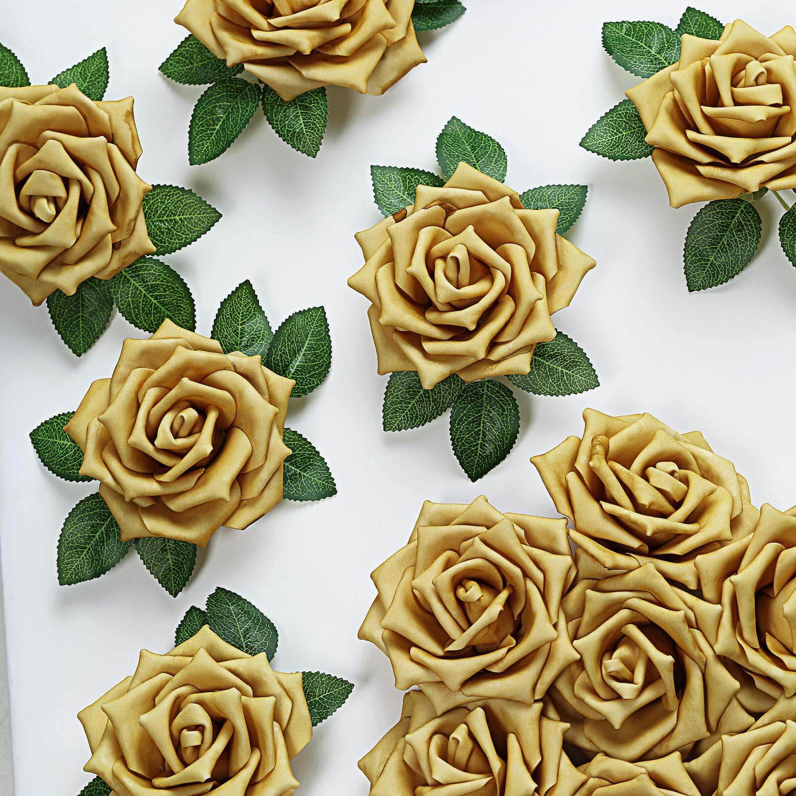 24 Roses 5 Gold Artificial Foam Flowers With Stem Wire and Leaves