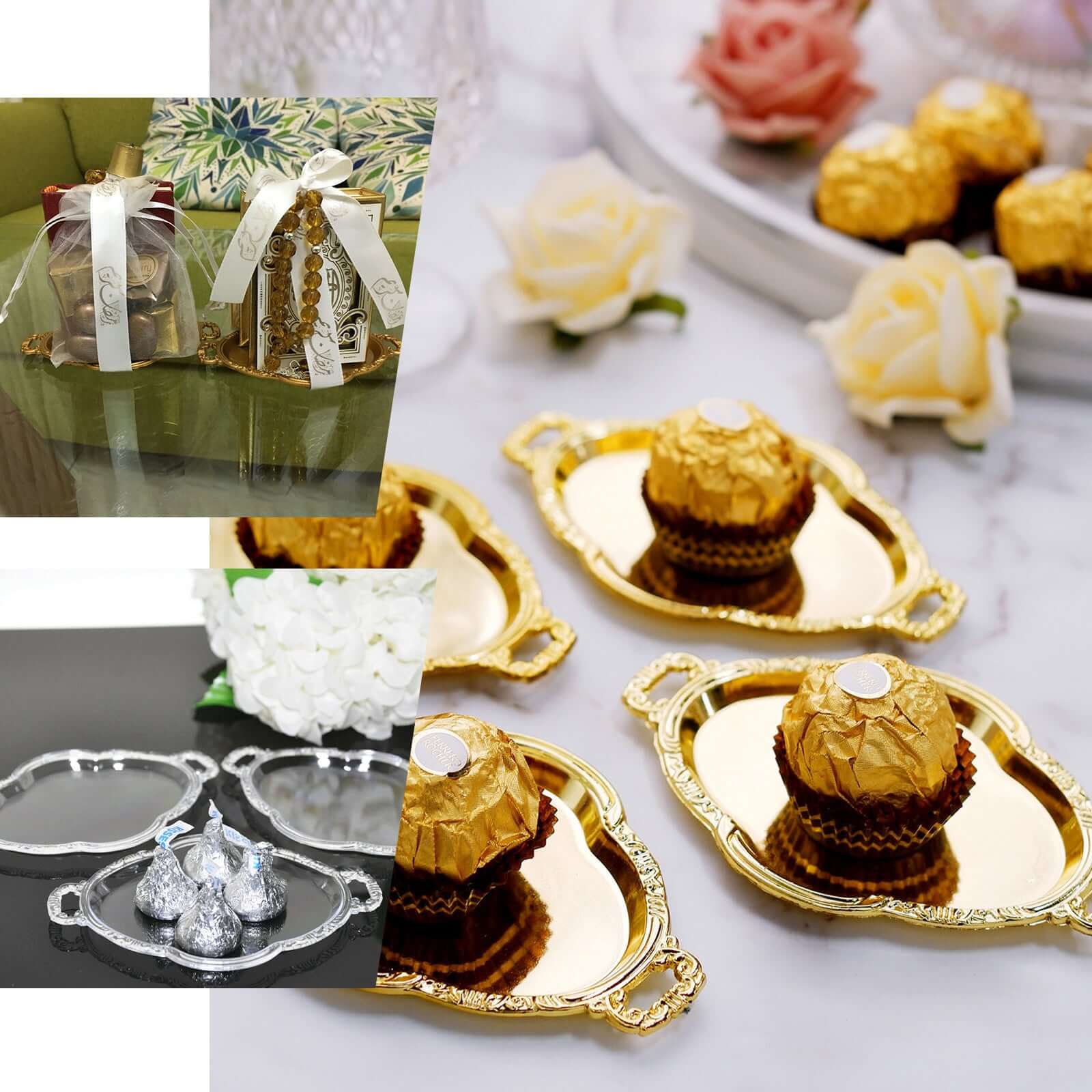 12-Pack Display Trays Party Favor Baroque Oval Design Silver - Mini Serving Platters for Sweets and Desserts 4.5