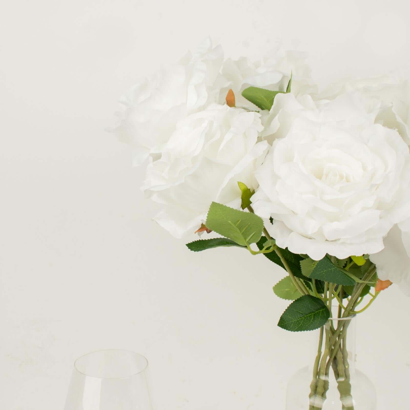 2 Bushes 17 White Premium Silk Jumbo Rose Flower Bouquet, High Quality Artificial Wedding Floral Arrangements