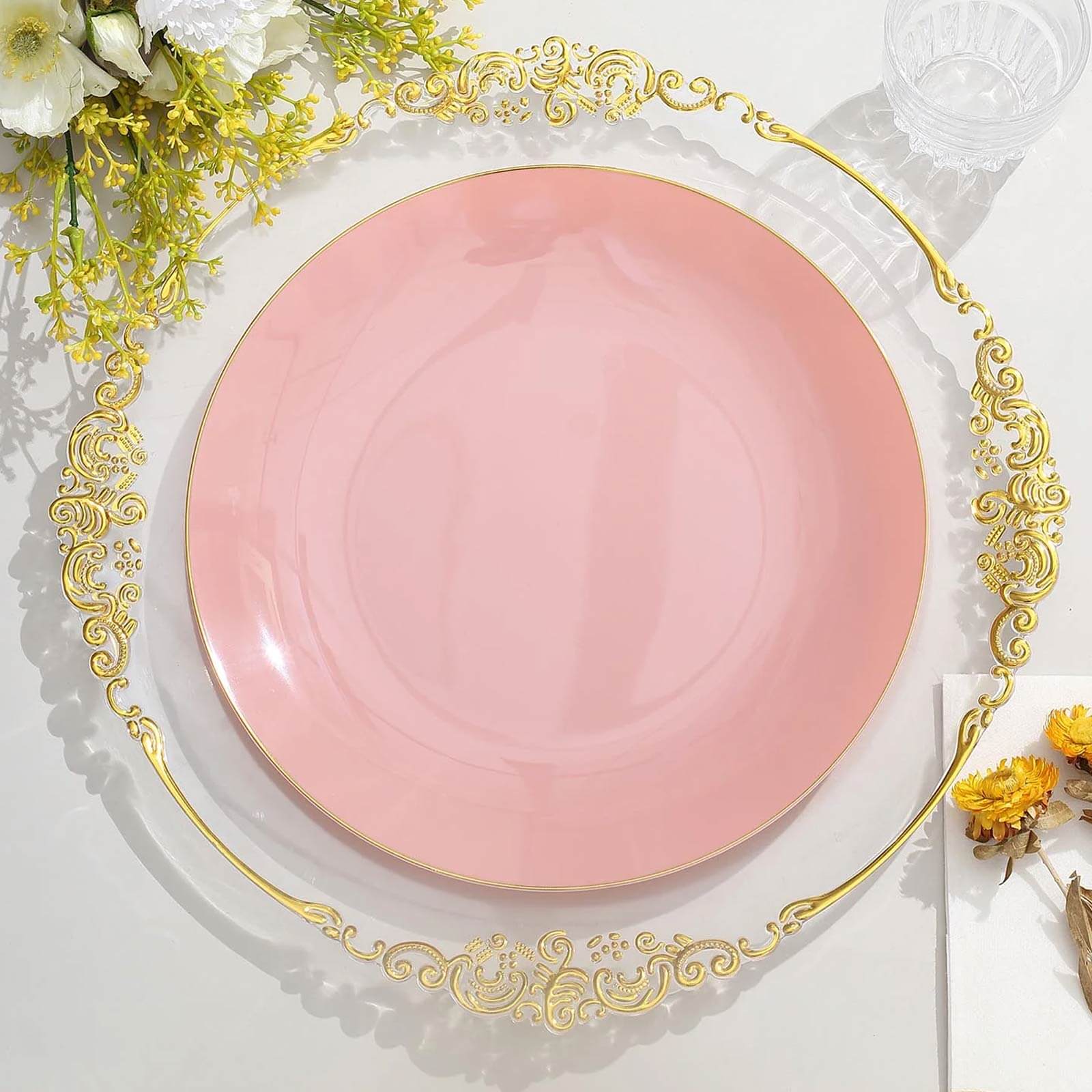 10-Pack Plastic 10 Round Dinner Plates in Dusty Rose with Gold Rim - Glossy Disposable Party Plates