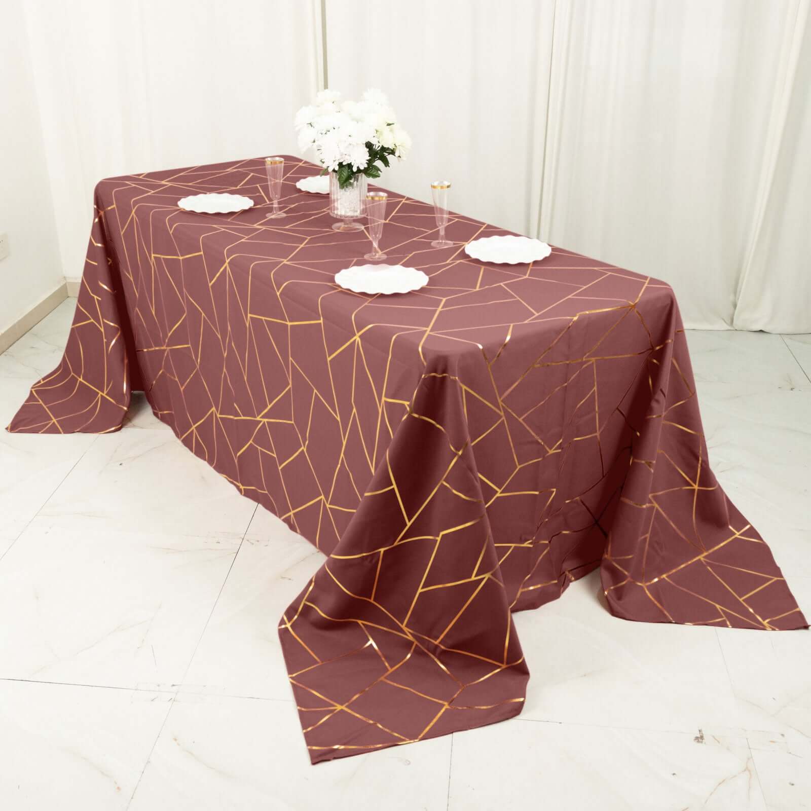 Polyester 60x132 Rectangle Tablecloth Cinnamon Rose with Gold Foil Geometric Pattern - Wrinkle-Resistant and Durable Table Cover for Weddings & Events