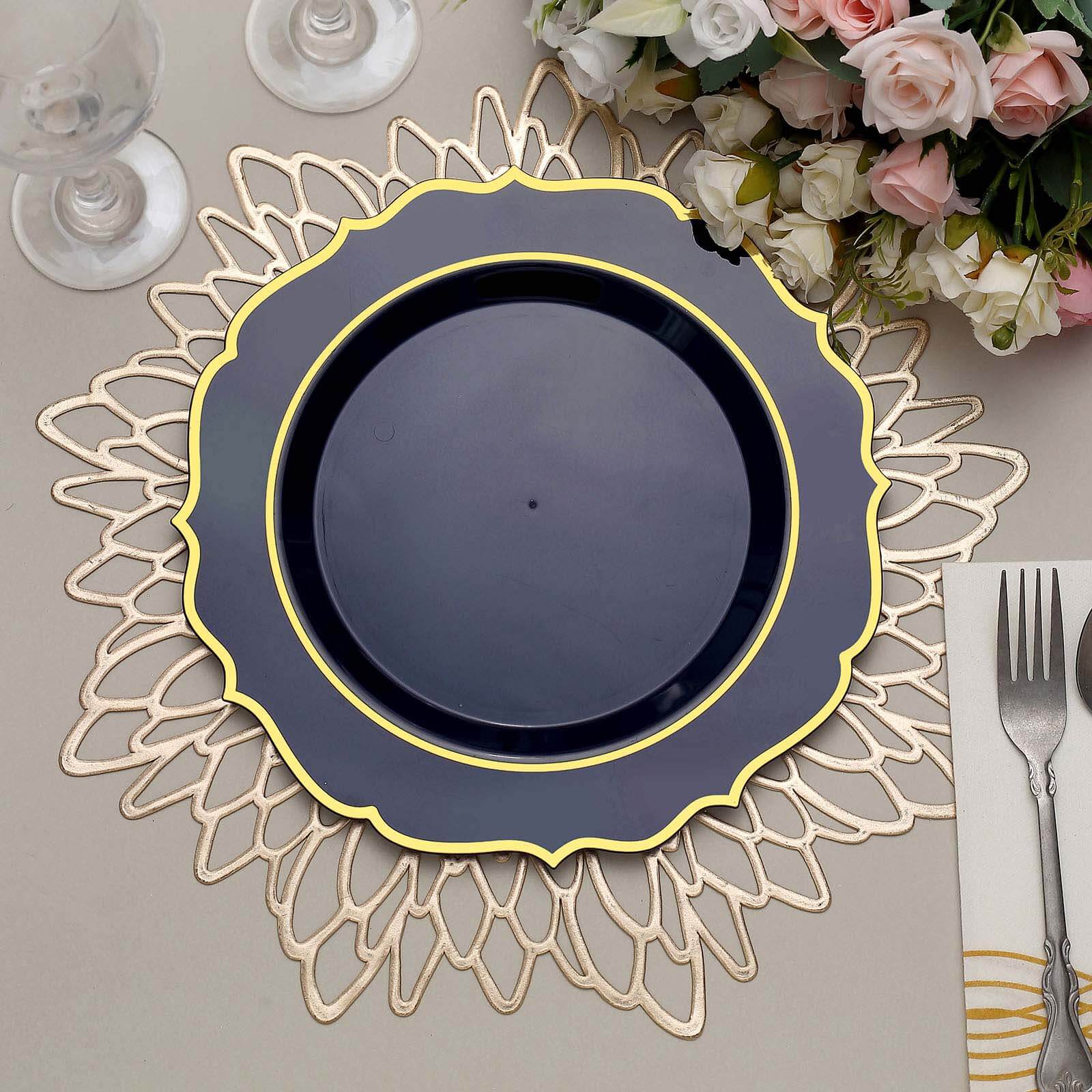 10-Pack Plastic 10 Round Dinner Plates in Navy Blue with Gold Scalloped Rim - Disposable Party Plates