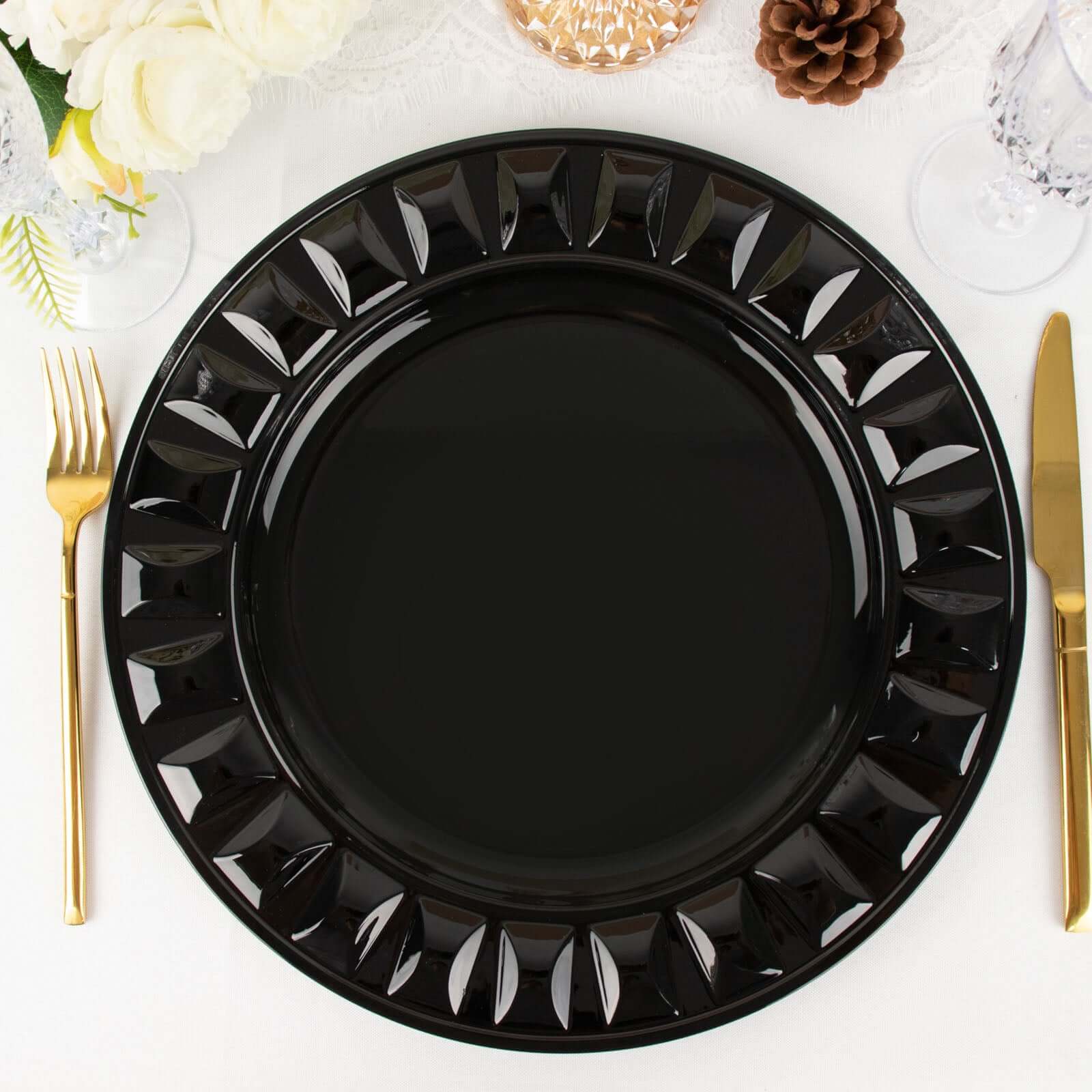 6-Pack Plastic Round Charger Plates 13 in Black with Bejeweled Rim, Luxe Decorative Dinner Party Charger Tableware