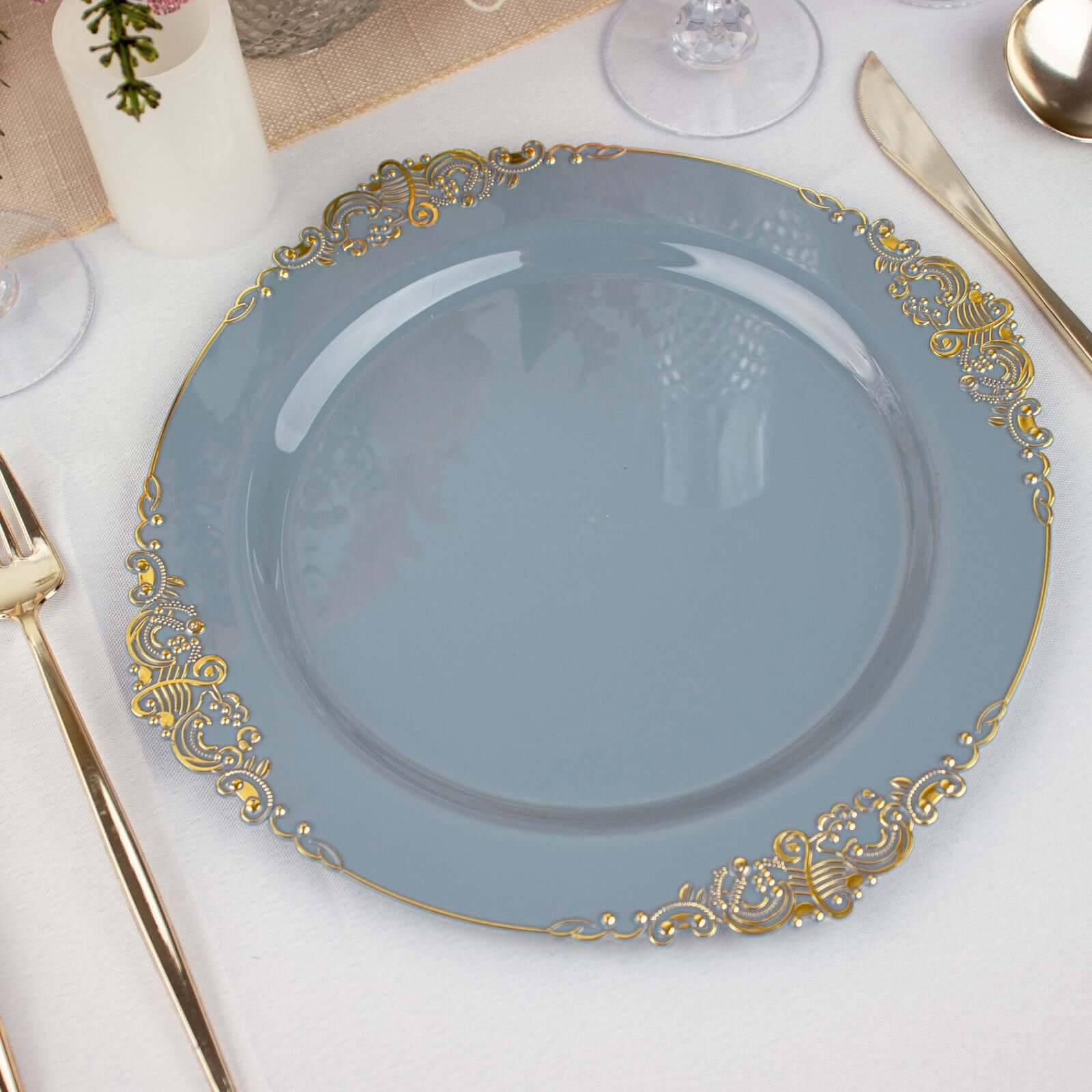 10-Pack Plastic 10 Round Dinner Plates in Dusty Blue with Gold Leaf Embossed Rim - Disposable Vintage Baroque Style Plates