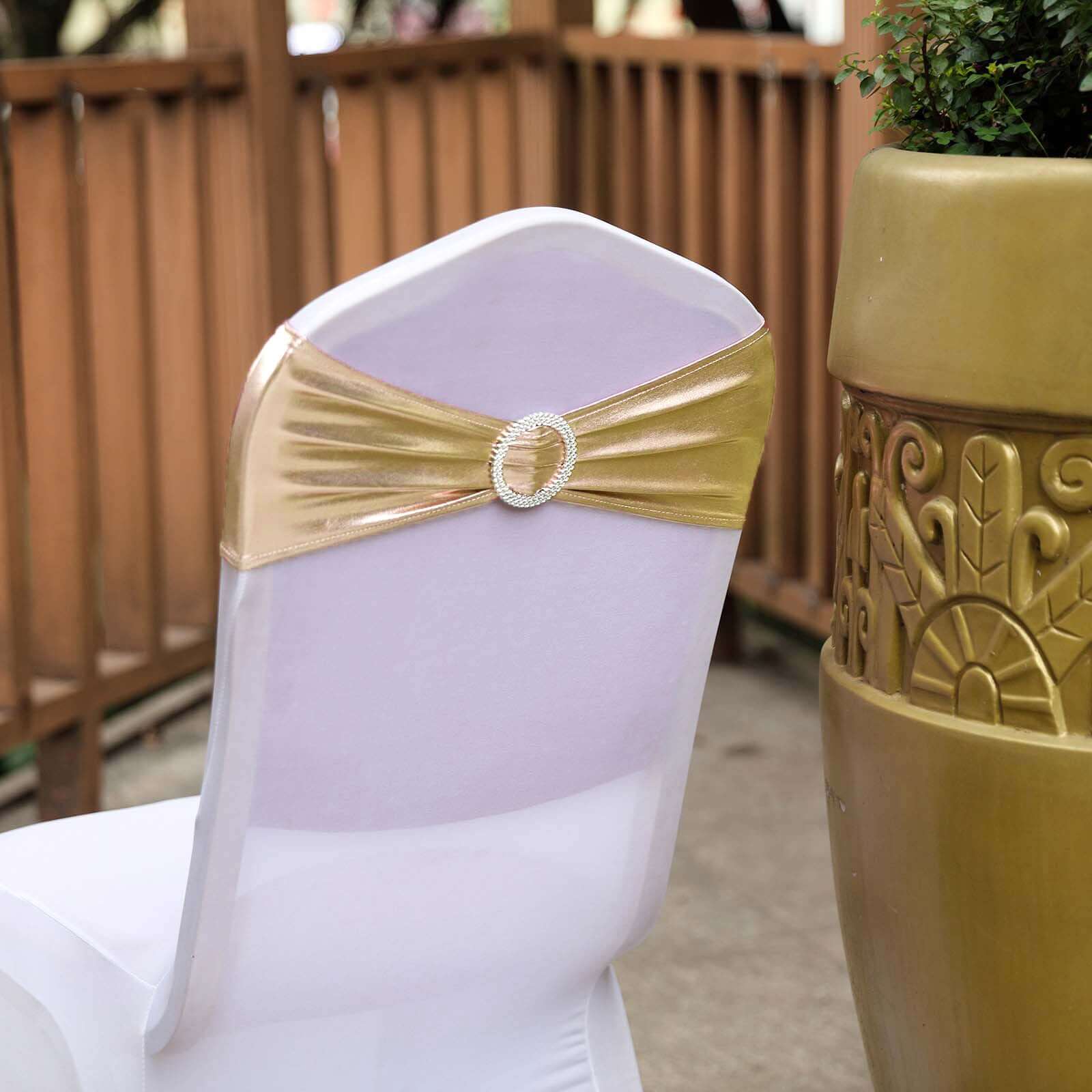 5 Pack Metallic Spandex Chair Sashes Champagne - Stretch Fit Chair Bands With Round Diamond Buckles