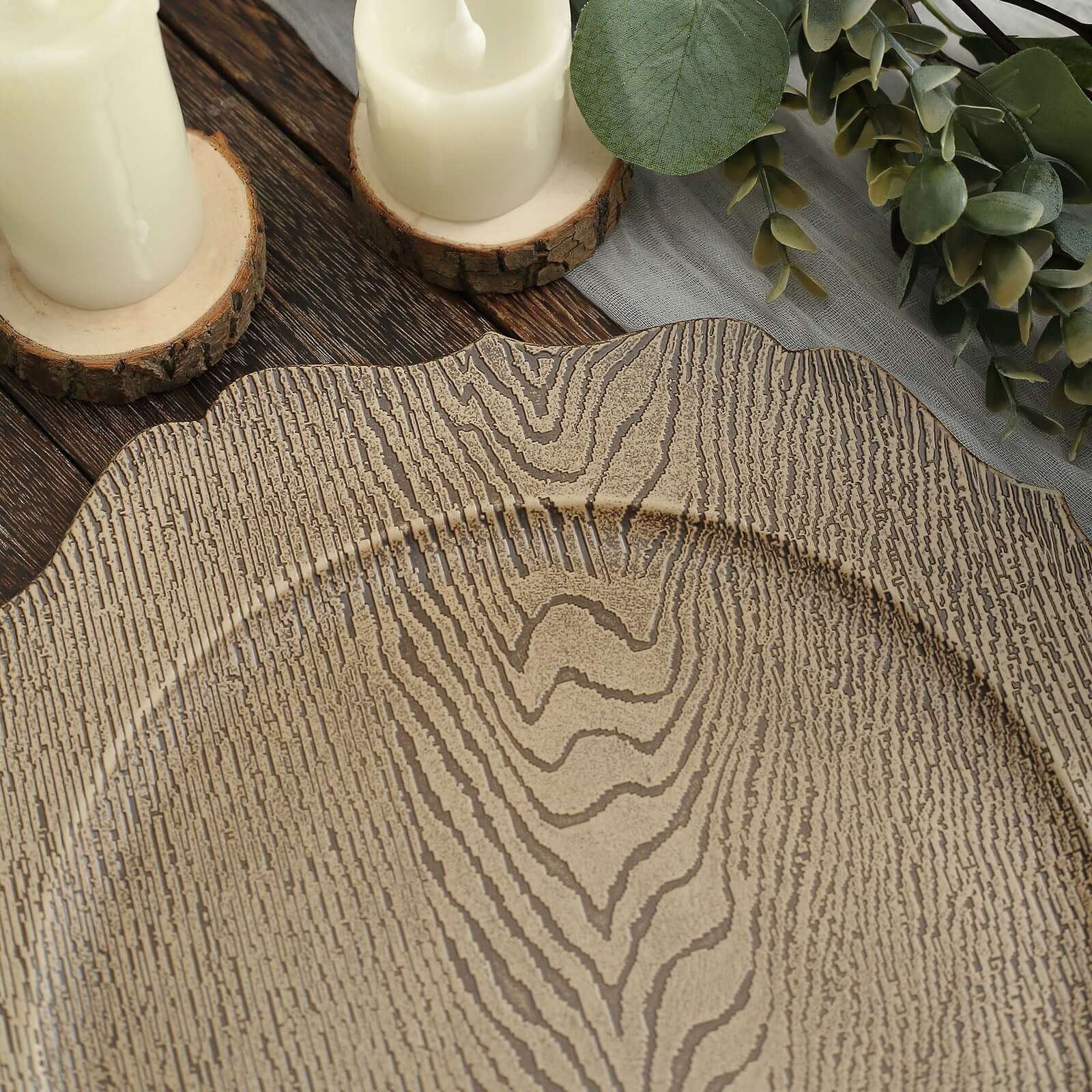 6-Pack Acrylic Round Charger Plates 13 in Rustic Natural with Wood Grain Scalloped Rim, Decorative Dinner Party Charger Tableware