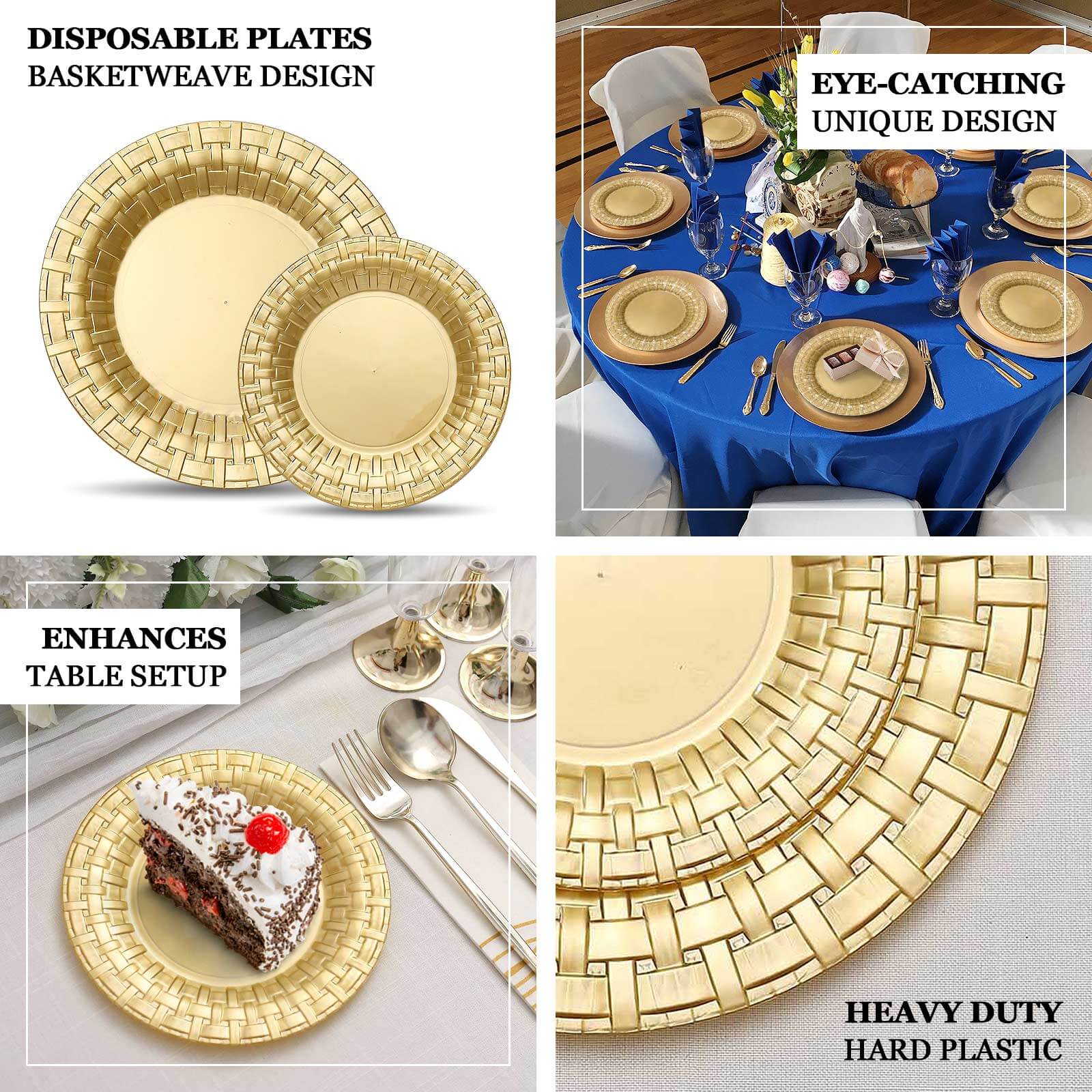 10-Pack Plastic Dinner Plates Gold Basketweave Rim - Durable Disposable Dinner Plates 10