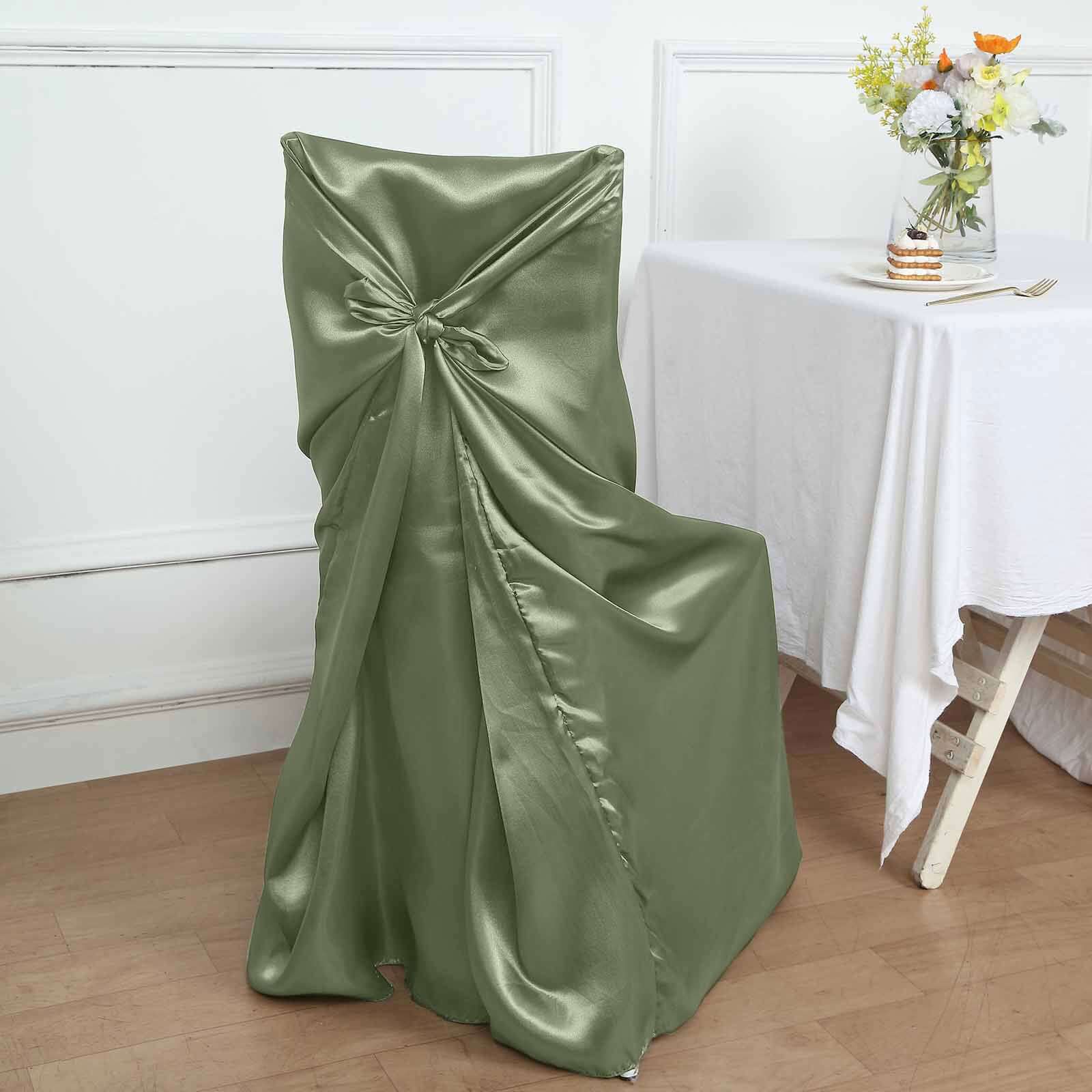 Satin Chair Cover Self-Tie Universal Design Dusty Sage Green - Durable Slip-On Cover for Folding, Dining, Banquet & Standard Chairs