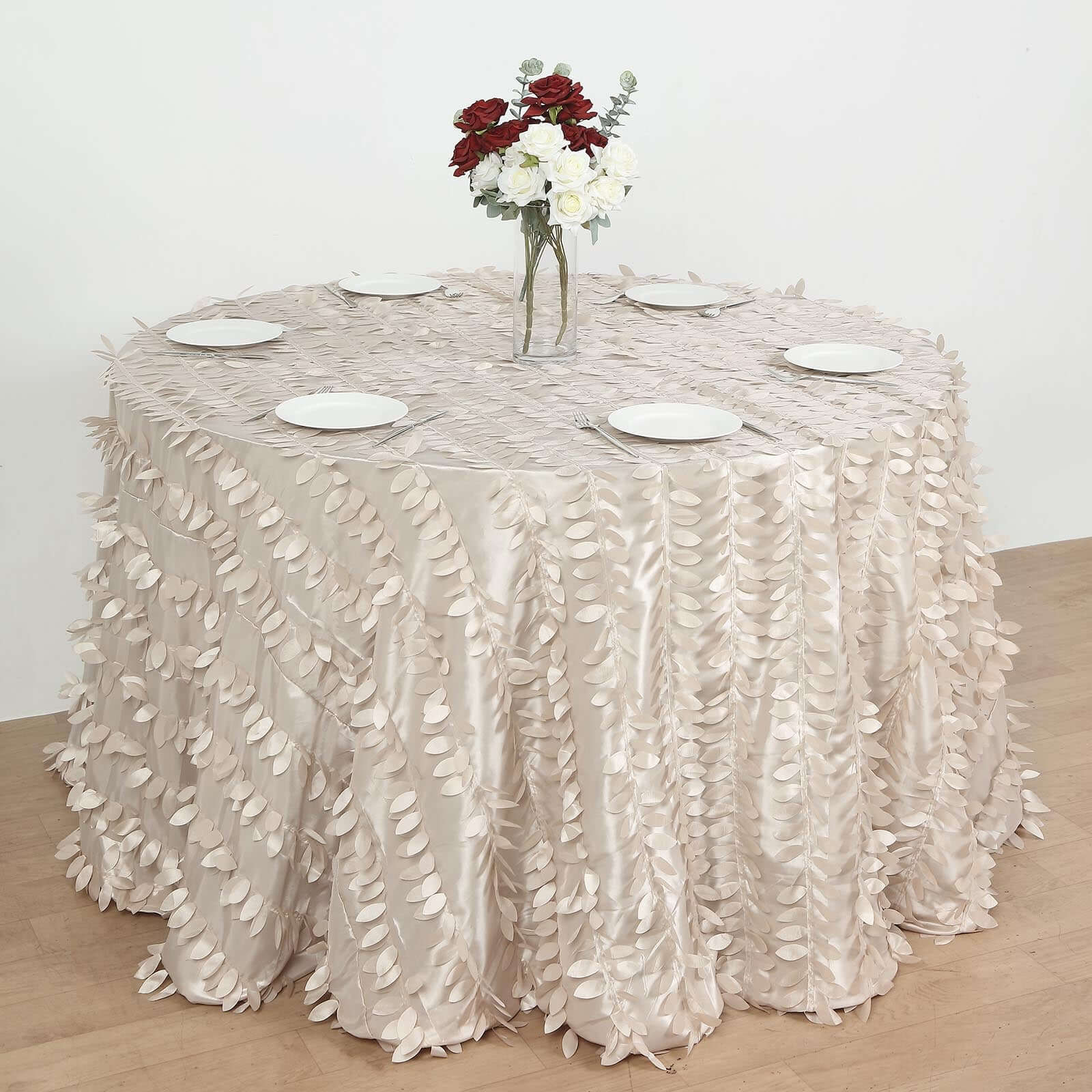 Taffeta 120 Round Tablecloth Beige 3D | 3D Leaf Petal Design Seamless Table Cover for Chic Wedding & Event Decor