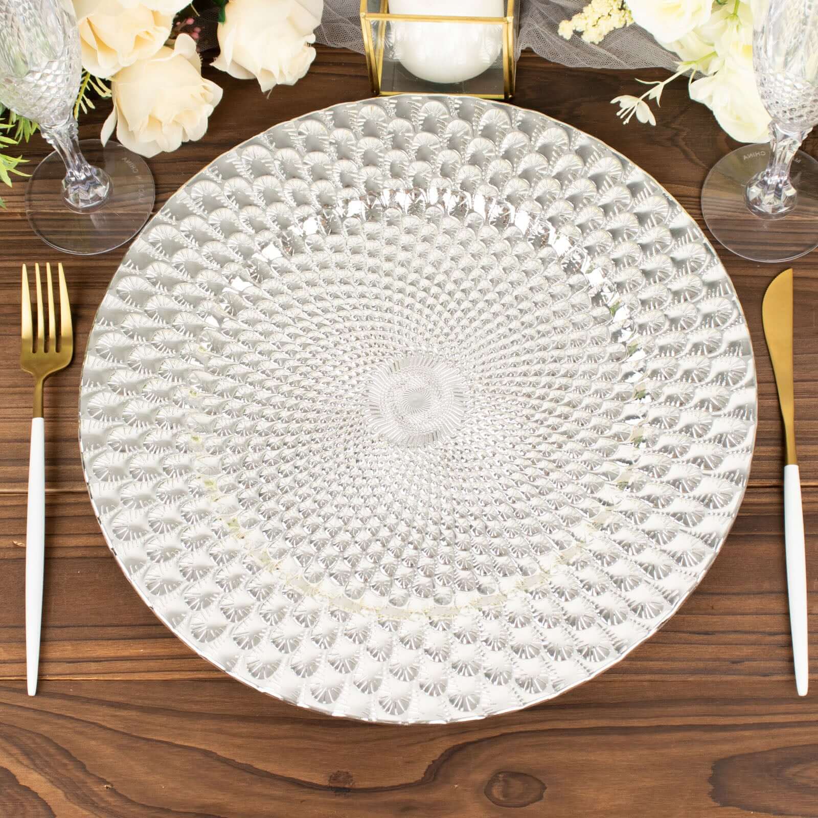 6-Pack Plastic Round Charger Plates 13 in Silver with Peacock Pattern, Exquisite Decorative Dinner Party Charger Tableware