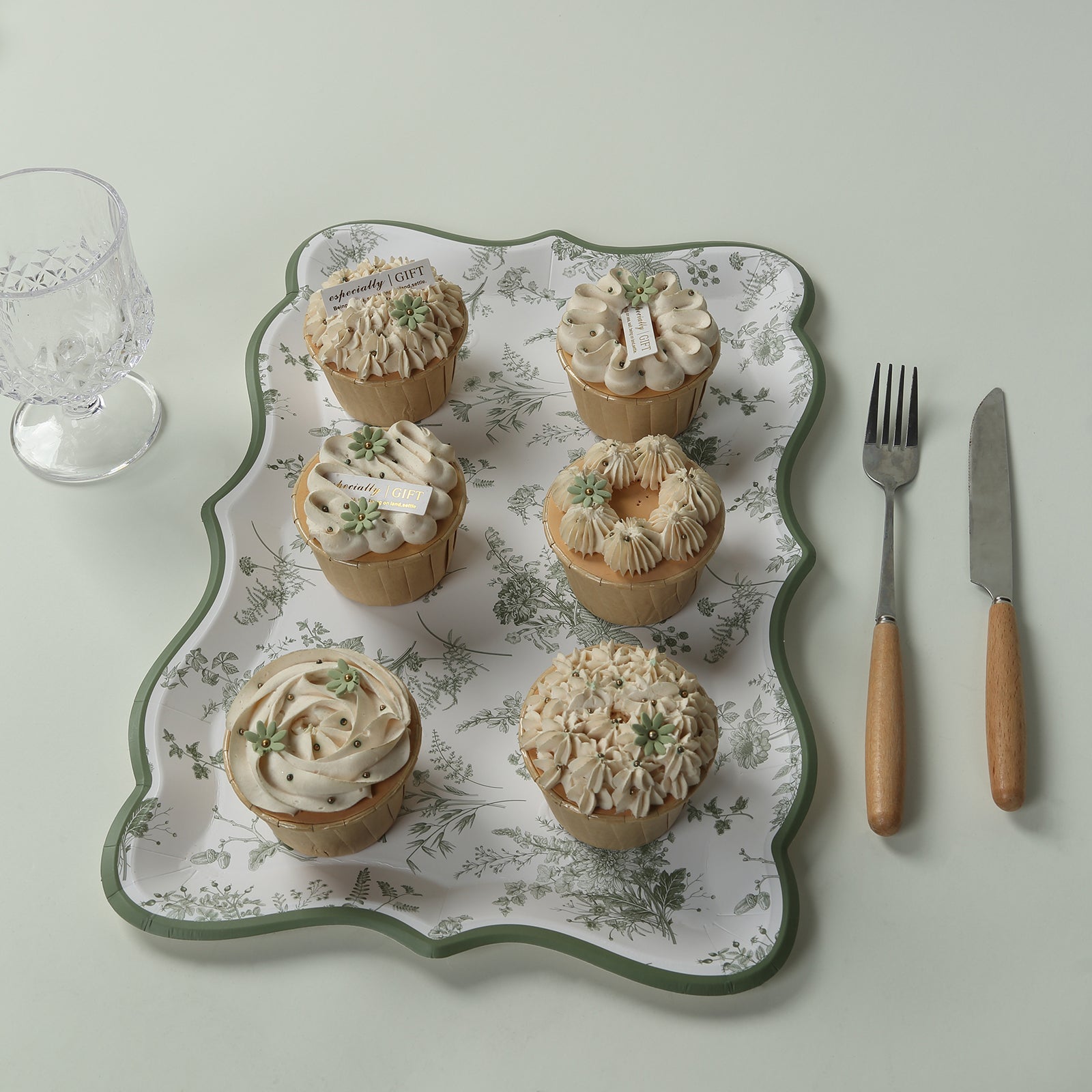 10-Pack Paper 14x10 Rectangle Serving Trays White/Sage Green - Heavy Duty Disposable 400GSM Cardboard Party Platters with French Toile Pattern for Weddings & Parties