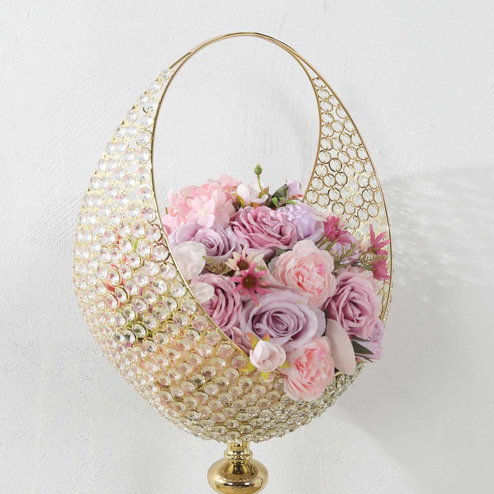 Metal Crystal Beaded Candle Holder Stand, Half Moon Basket Design Gold Wedding Flower Centerpiece with Round Stable Base 4.5ft Tall