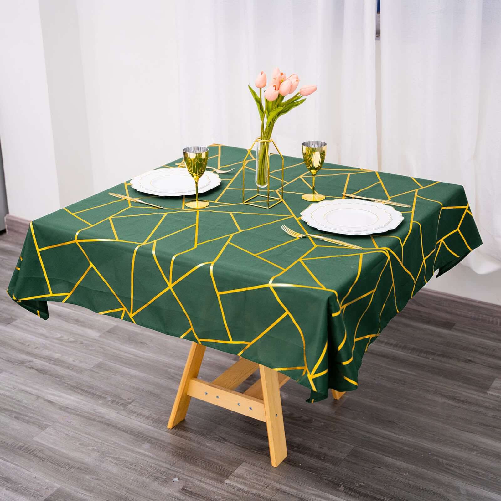 Polyester 54x54 Table Overlay Square Tablecloth Hunter with Gold Foil Geometric Pattern - Wrinkle-Resistant & Durable Table Topper