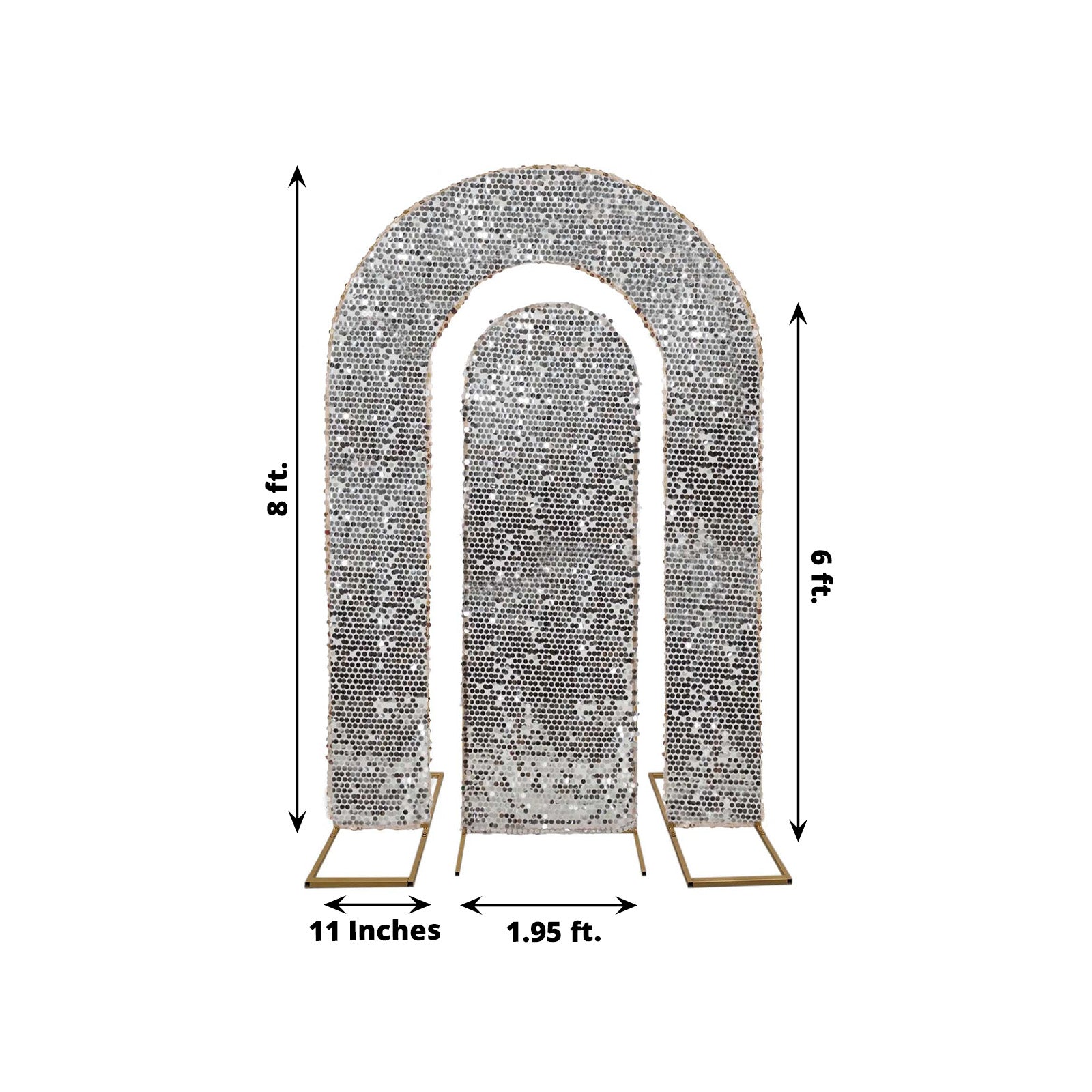 Set of 2 Silver Payette Sequin Wedding Arch Covers for Round Top and Double Arch Chiara Backdrop Stands - 6ft,8ft