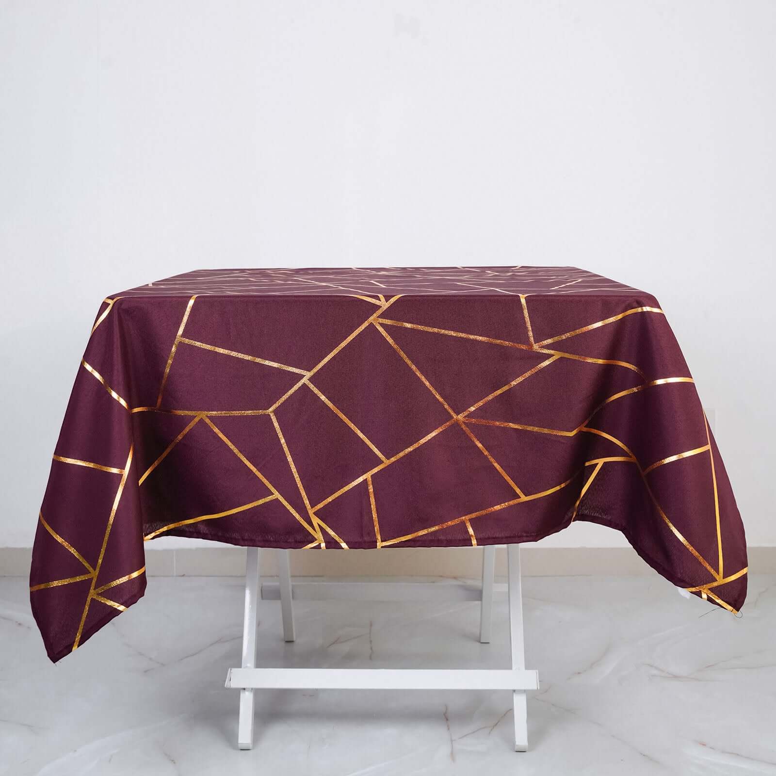 Polyester 54x54 Square Tablecloth Burgundy with Gold Foil Geometric Pattern - Wrinkle-Resistant & Durable Table Cover