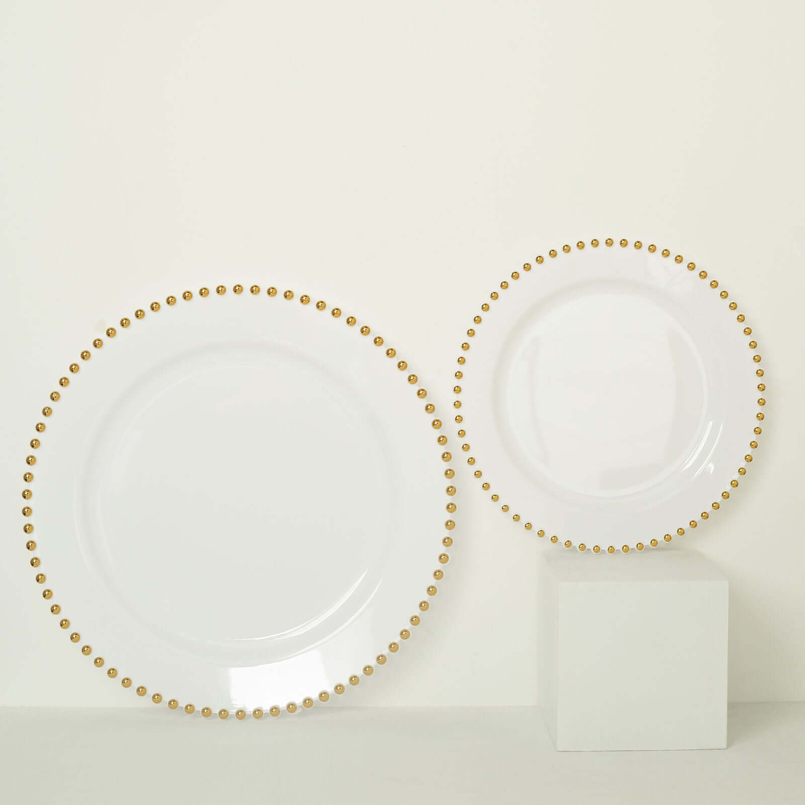 10-Pack Plastic 8 Round Appetizer Dessert Plates in White with Gold Beaded Rim - Disposable Salad Plates for Banquets & Festive Occasions